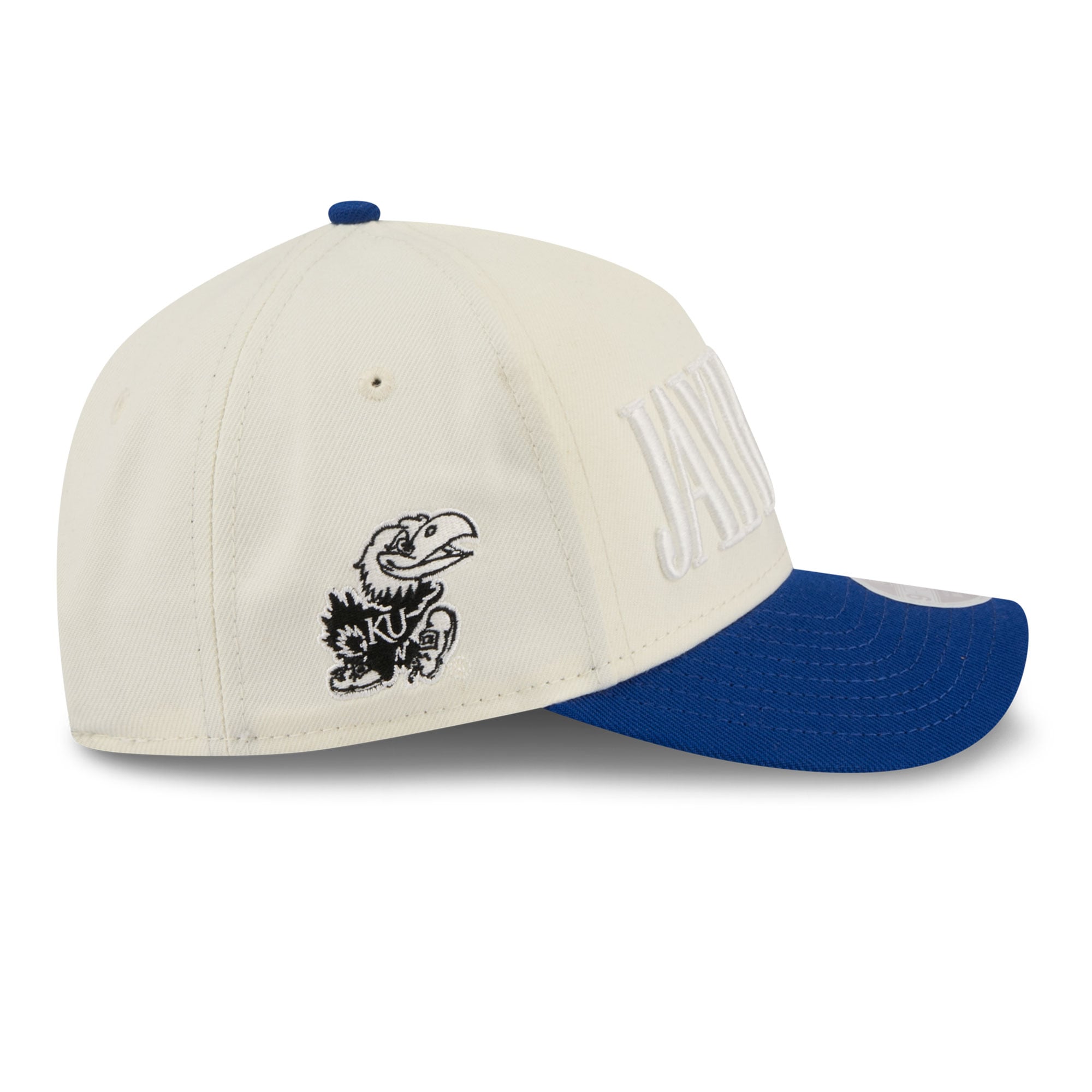 Casquette ajustable New Era pour femme, blanche et bleue, Kansas Jayhawks, modèle 9FORTY A-Frame.