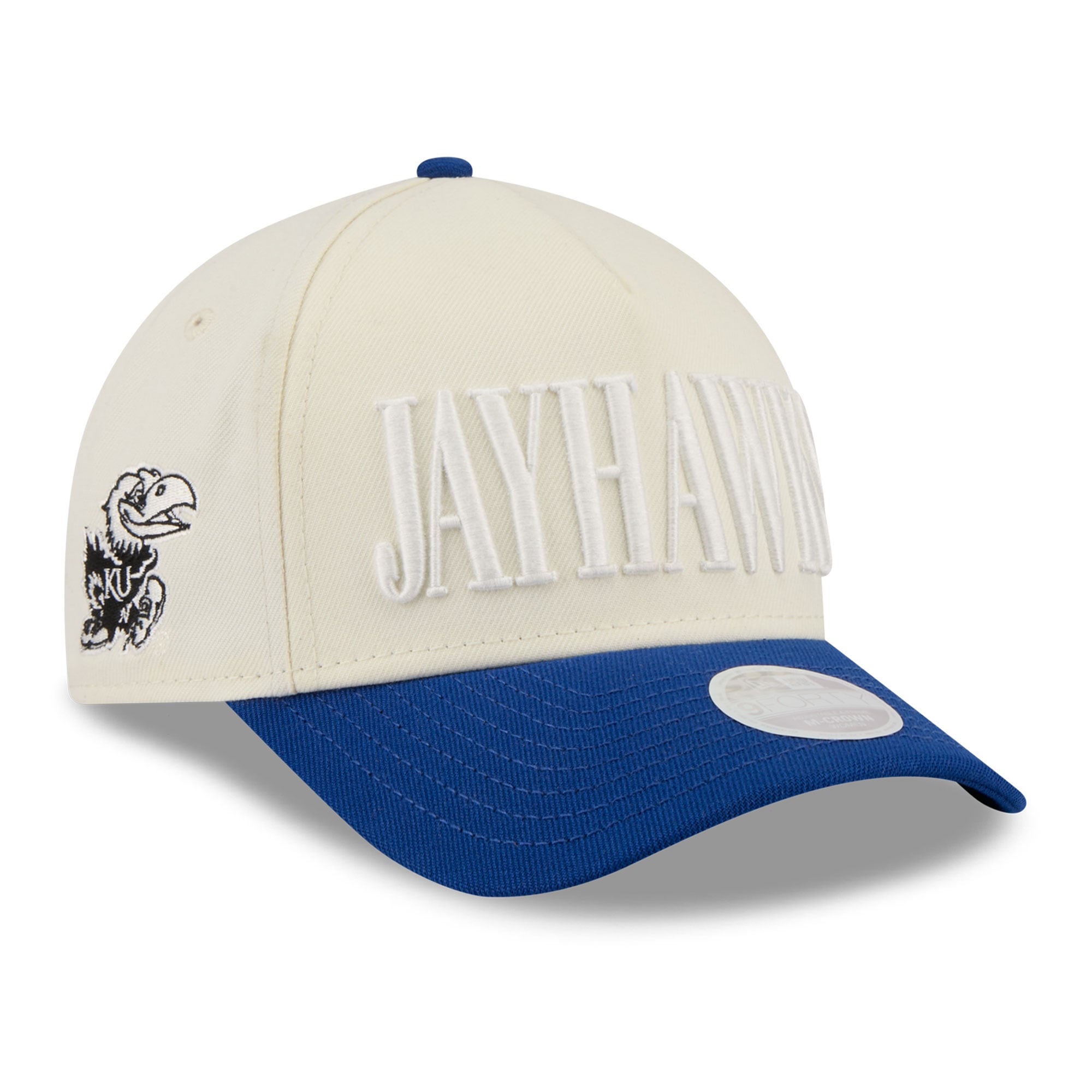 Casquette ajustable New Era pour femme, blanche et bleue, Kansas Jayhawks, modèle 9FORTY A-Frame.