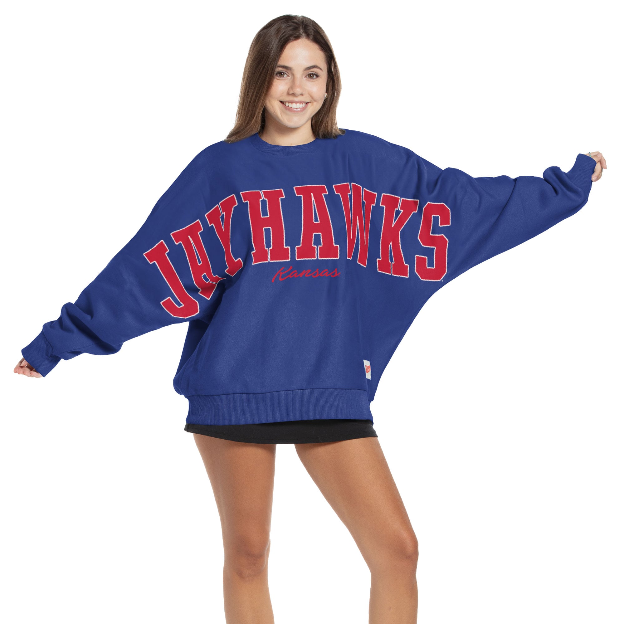 Women's Pressbox  Royal Kansas Jayhawks Flannigan Oversized Dolman Pullover Sweatshirt