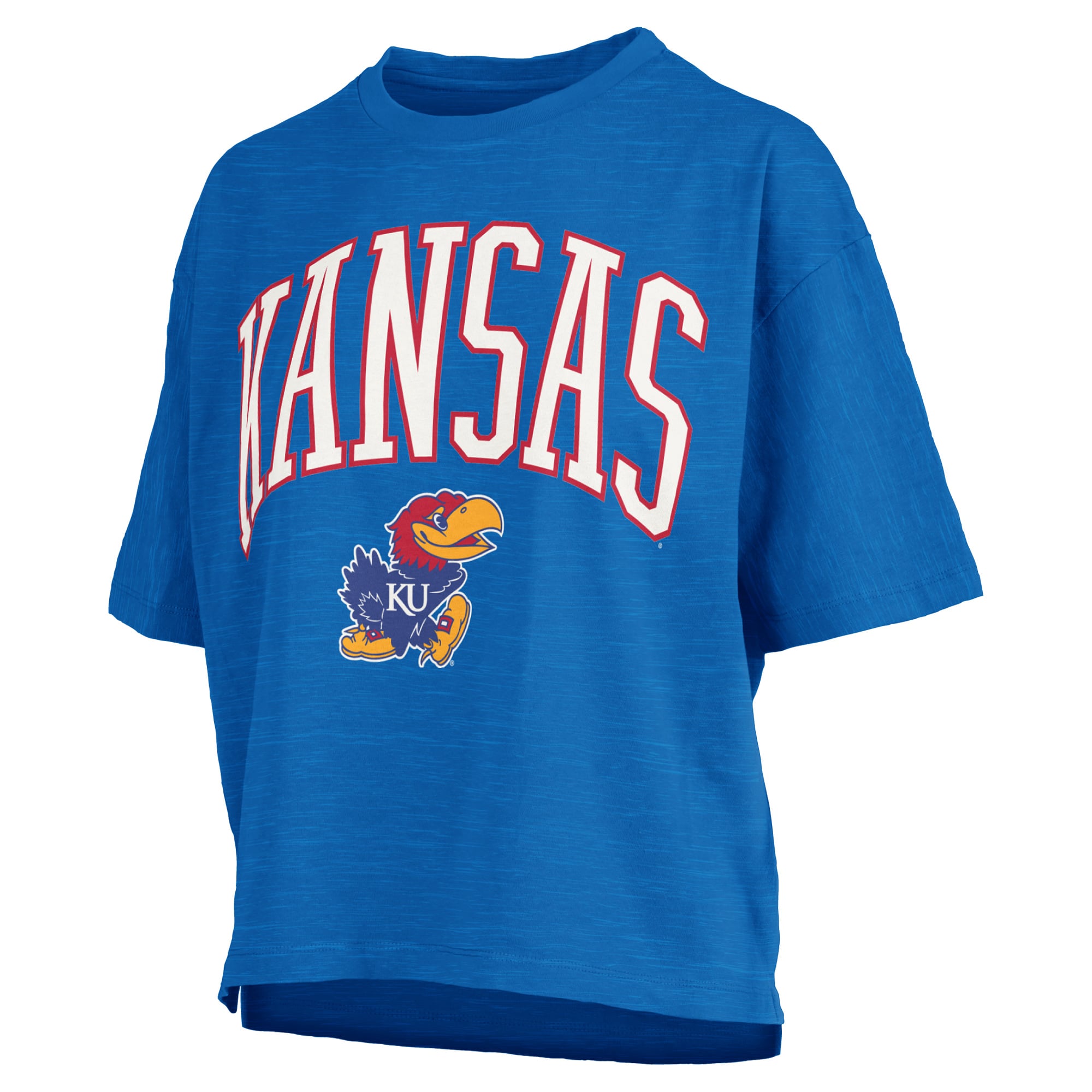 T-shirt oversize Pressbox Royal Kansas Jayhawks pour femmes, logo Nelson Arch Over, en flammèche