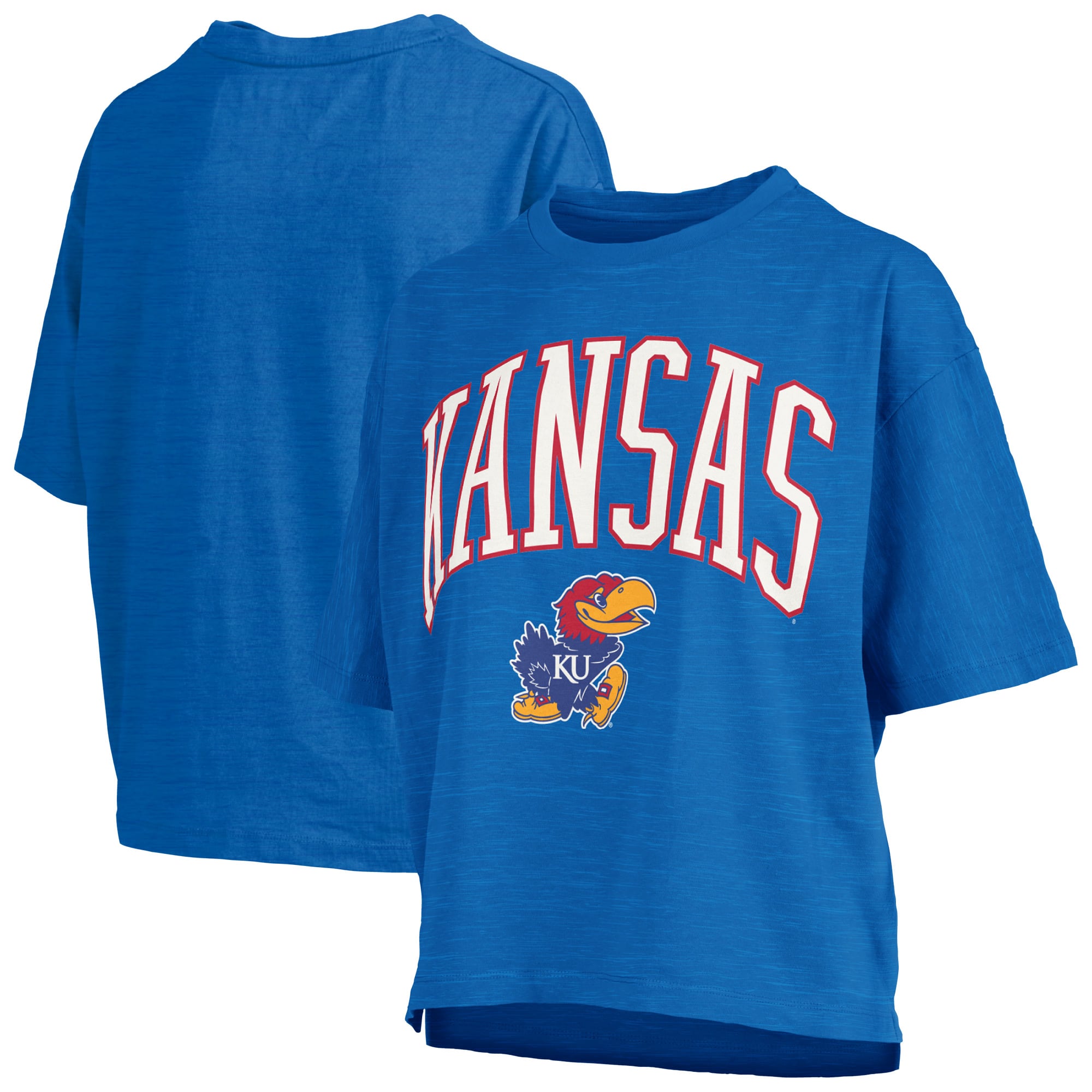 T-shirt oversize Pressbox Royal Kansas Jayhawks pour femmes, logo Nelson Arch Over, en flammèche