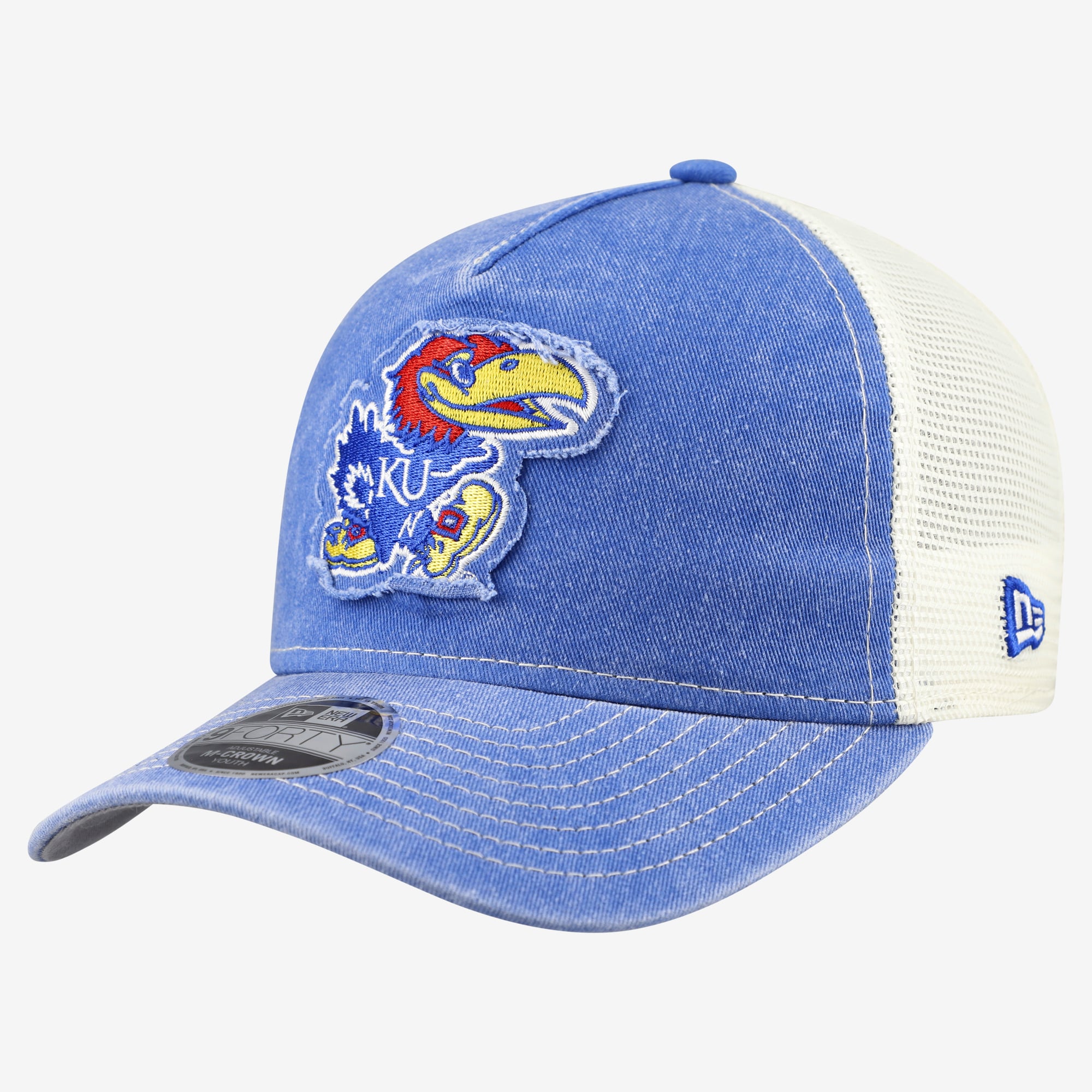 Casquette trucker rétro ajustable New Era Royal Kansas Jayhawks 9FORTY A-Frame M-Crown pour jeunes