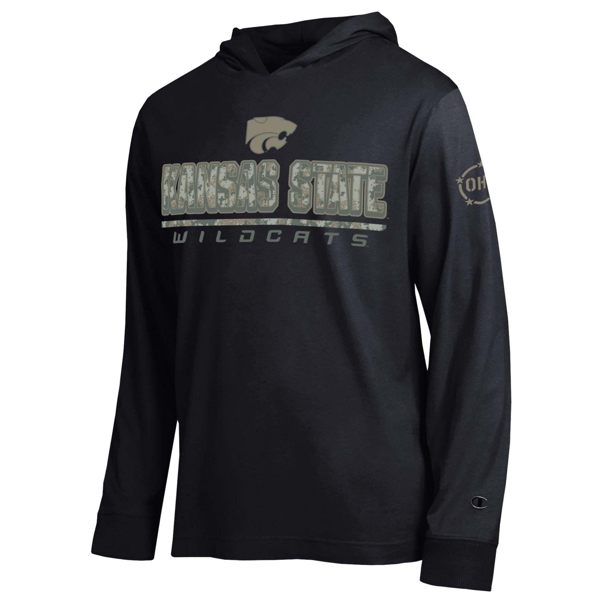 T-shirt à manches longues et capuche Champion Black Kansas State Wildcats Operation Hat Trick Camo Script pour homme