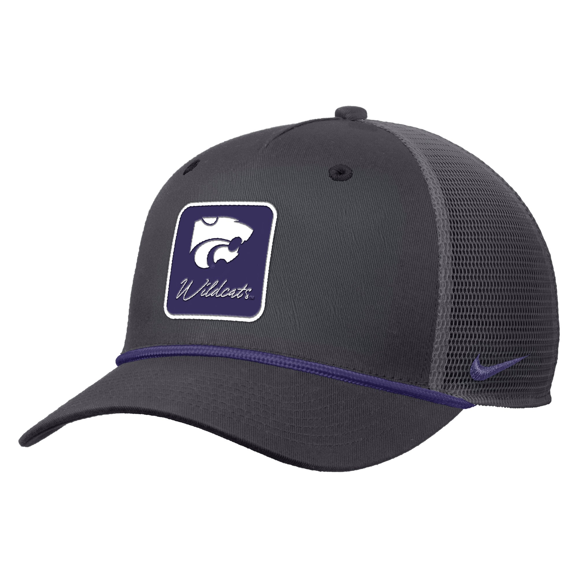 Casquette trucker ajustable Nike anthracite Kansas State Wildcats Primetime Logo Script Rise Rope pour homme