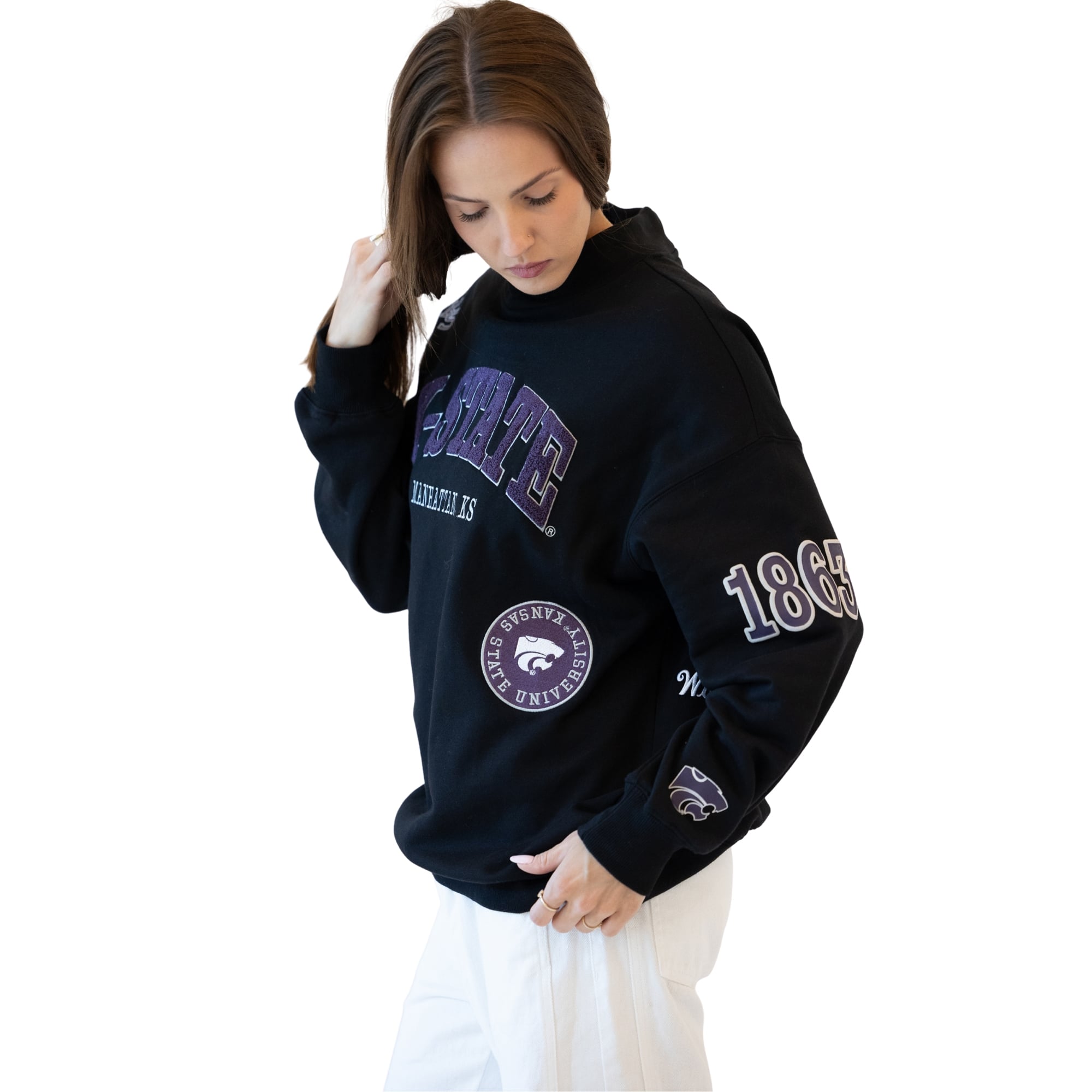 Sweat-shirt à col montant noir écusson Kansas State Wildcats pour femmes, idéal les jours de match