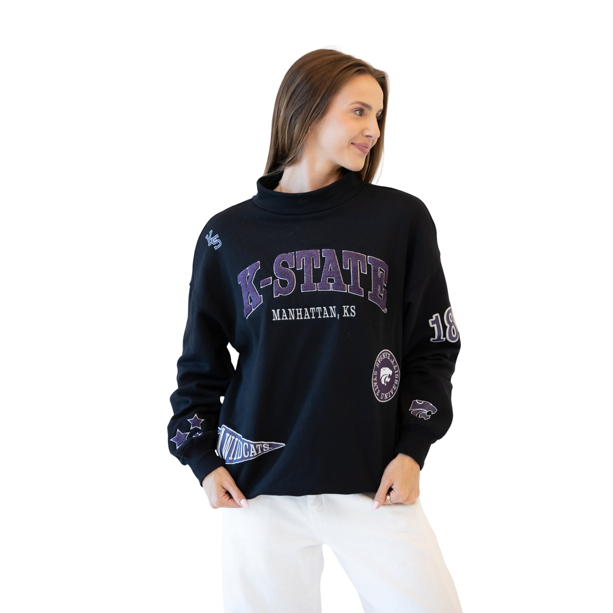 Sweat-shirt à col montant noir écusson Kansas State Wildcats pour femmes, idéal les jours de match