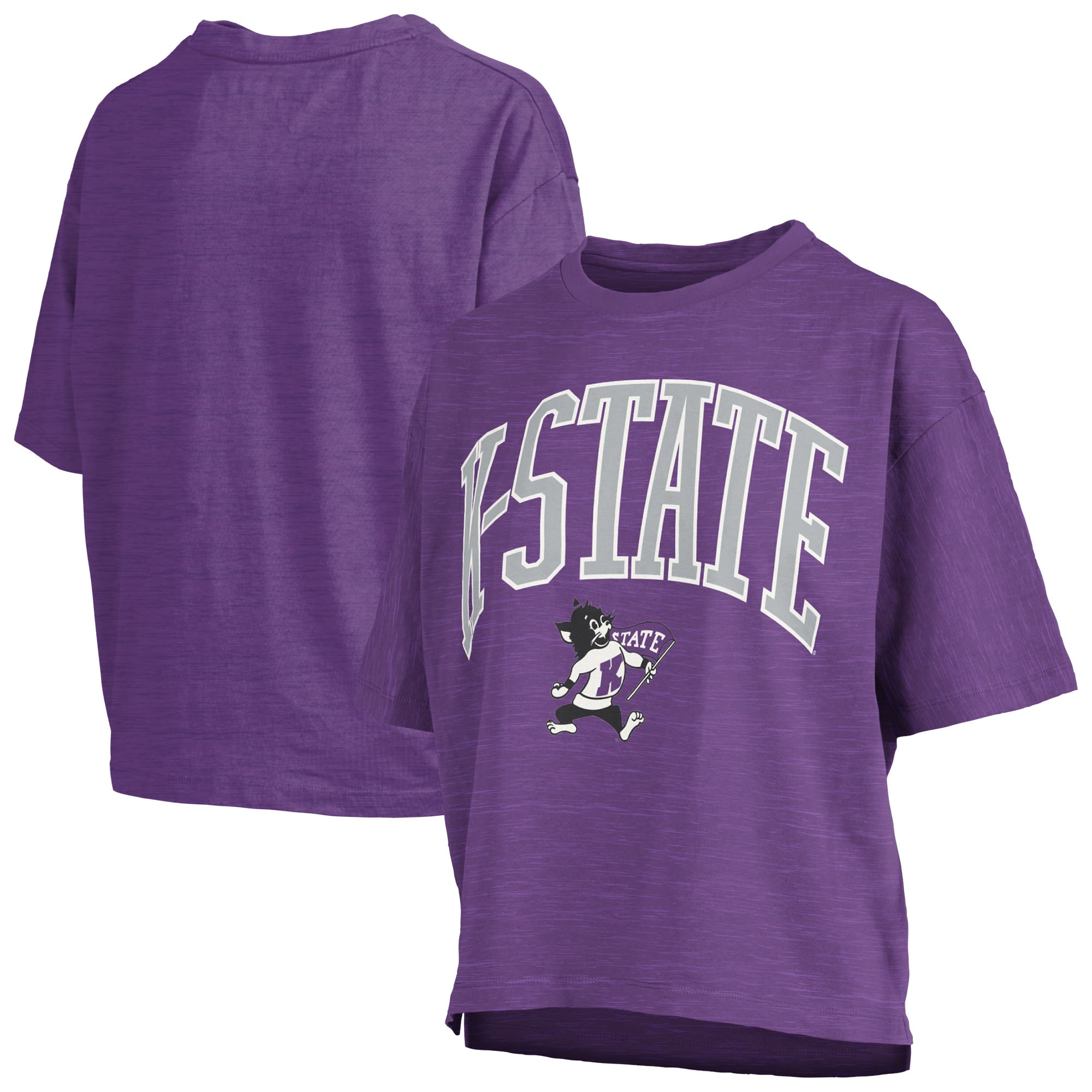 T-shirt oversize Pressbox Purple Kansas State Wildcats pour femmes, logo Nelson Arch Over, en flammèche