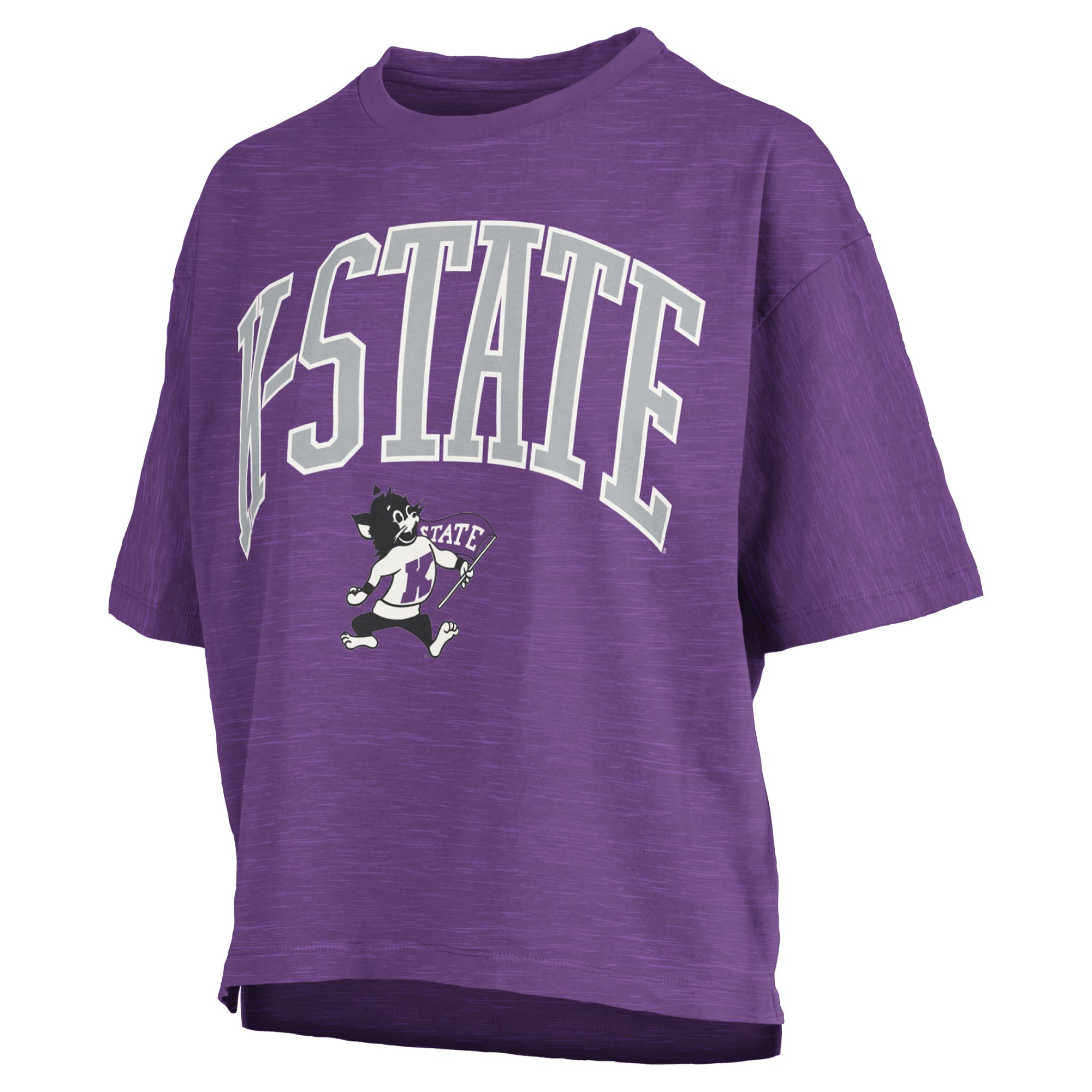 T-shirt oversize Pressbox Purple Kansas State Wildcats pour femmes, logo Nelson Arch Over, en flammèche