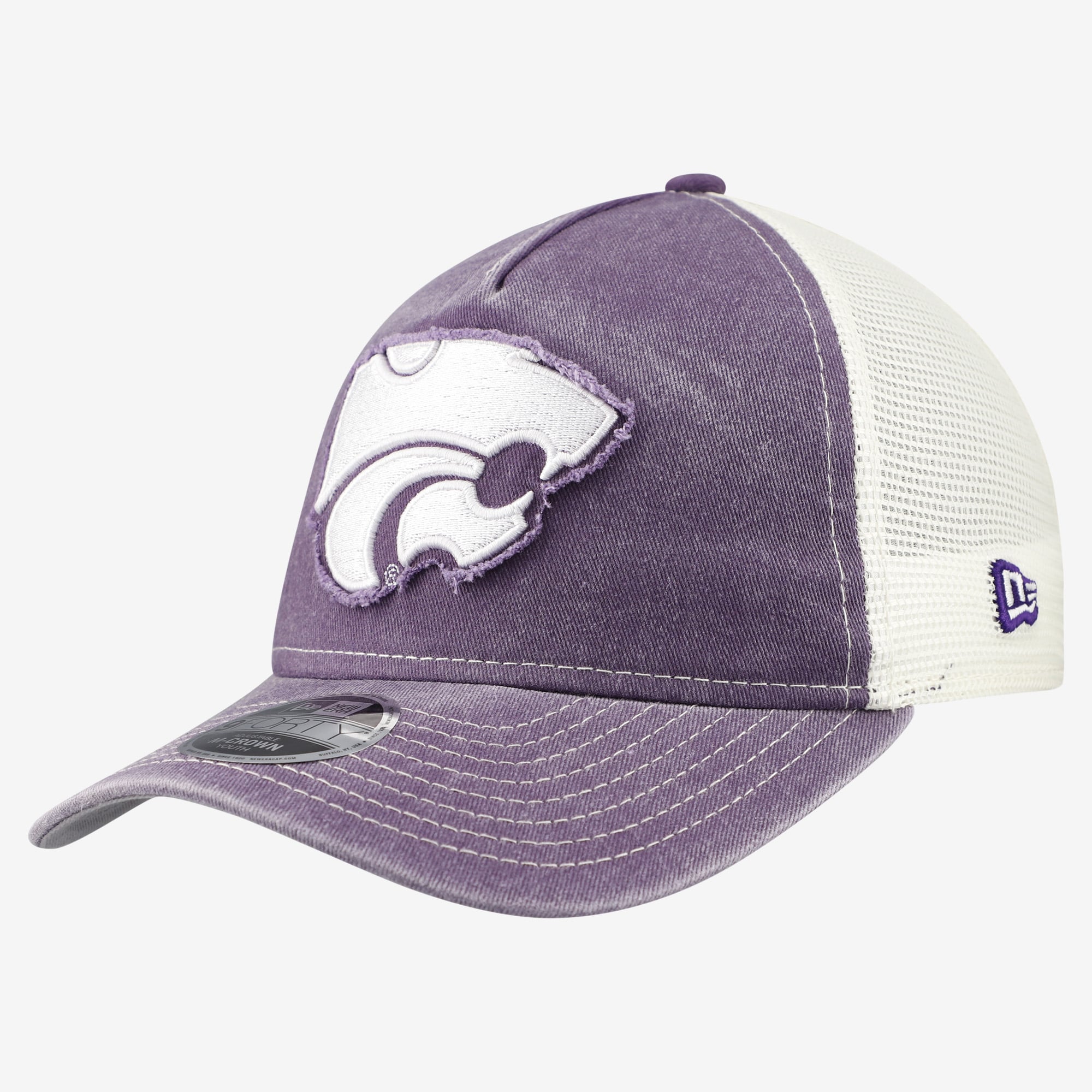 Casquette trucker rétro ajustable New Era 9FORTY Kansas State Wildcats violette pour jeunes, modèle A-Frame M-Crown, modèle Kansas State Wildcats, couleur violette.