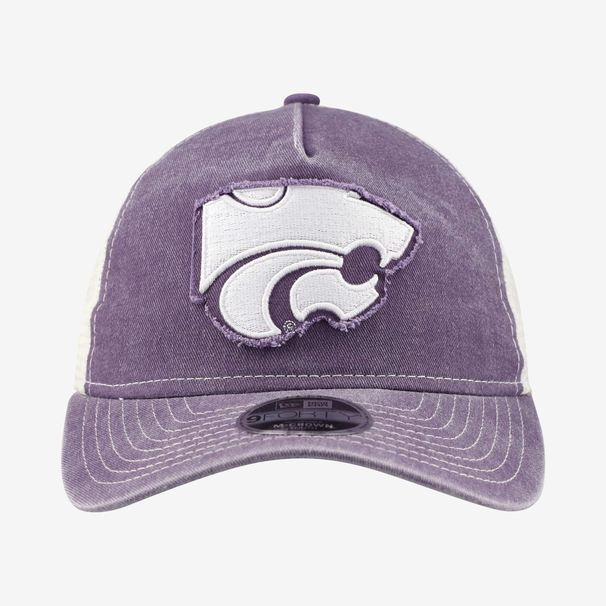 Casquette trucker rétro ajustable New Era 9FORTY Kansas State Wildcats violette pour jeunes, modèle A-Frame M-Crown, modèle Kansas State Wildcats, couleur violette.