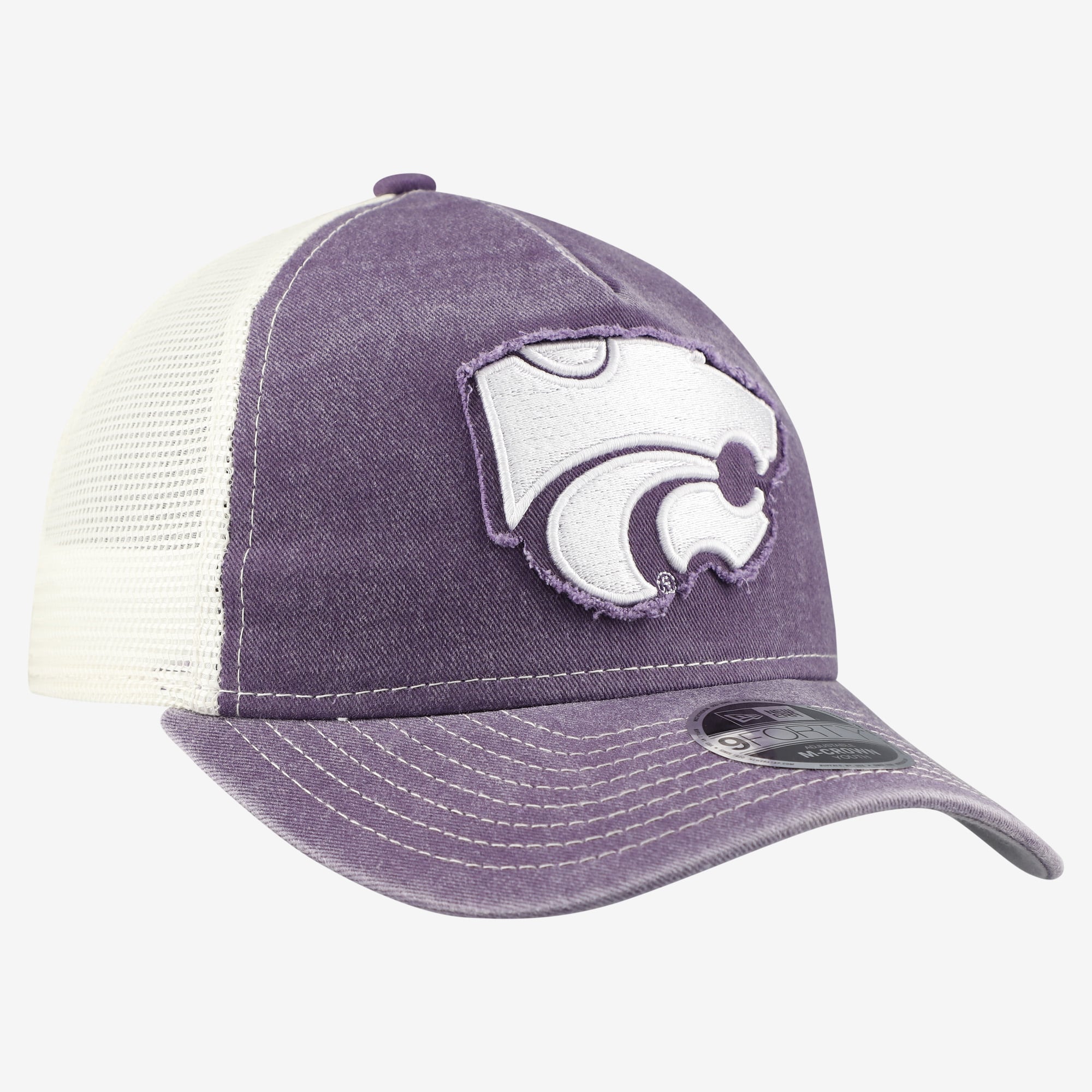 Casquette trucker rétro ajustable New Era 9FORTY Kansas State Wildcats violette pour jeunes, modèle A-Frame M-Crown, modèle Kansas State Wildcats, couleur violette.