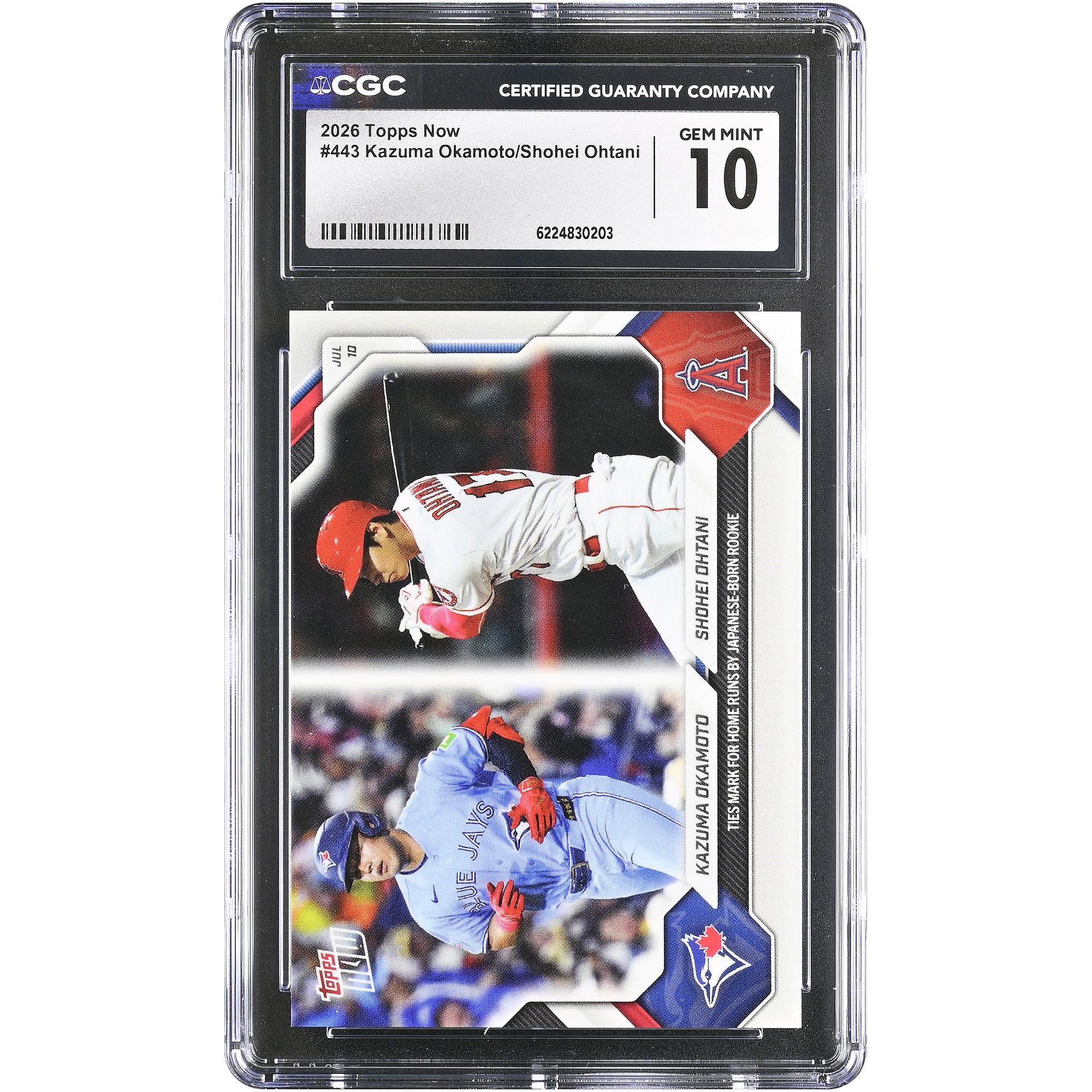Kazuma Okamoto et Shohei Ohtani, carte Topps Now 2026, égalent le record de home runs pour une recrue japonaise (n° 443), authentifiée CGC, état neuf (GEM MINT 10).