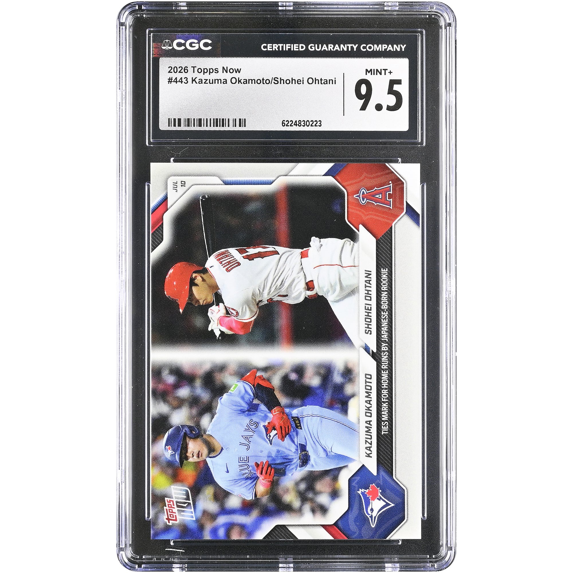 Kazuma Okamoto et Shohei Ohtani, carte Topps Now 2026, égalent le record de home runs pour une recrue japonaise (n° 443). Authentifiée CGC, état neuf+ (9,5).