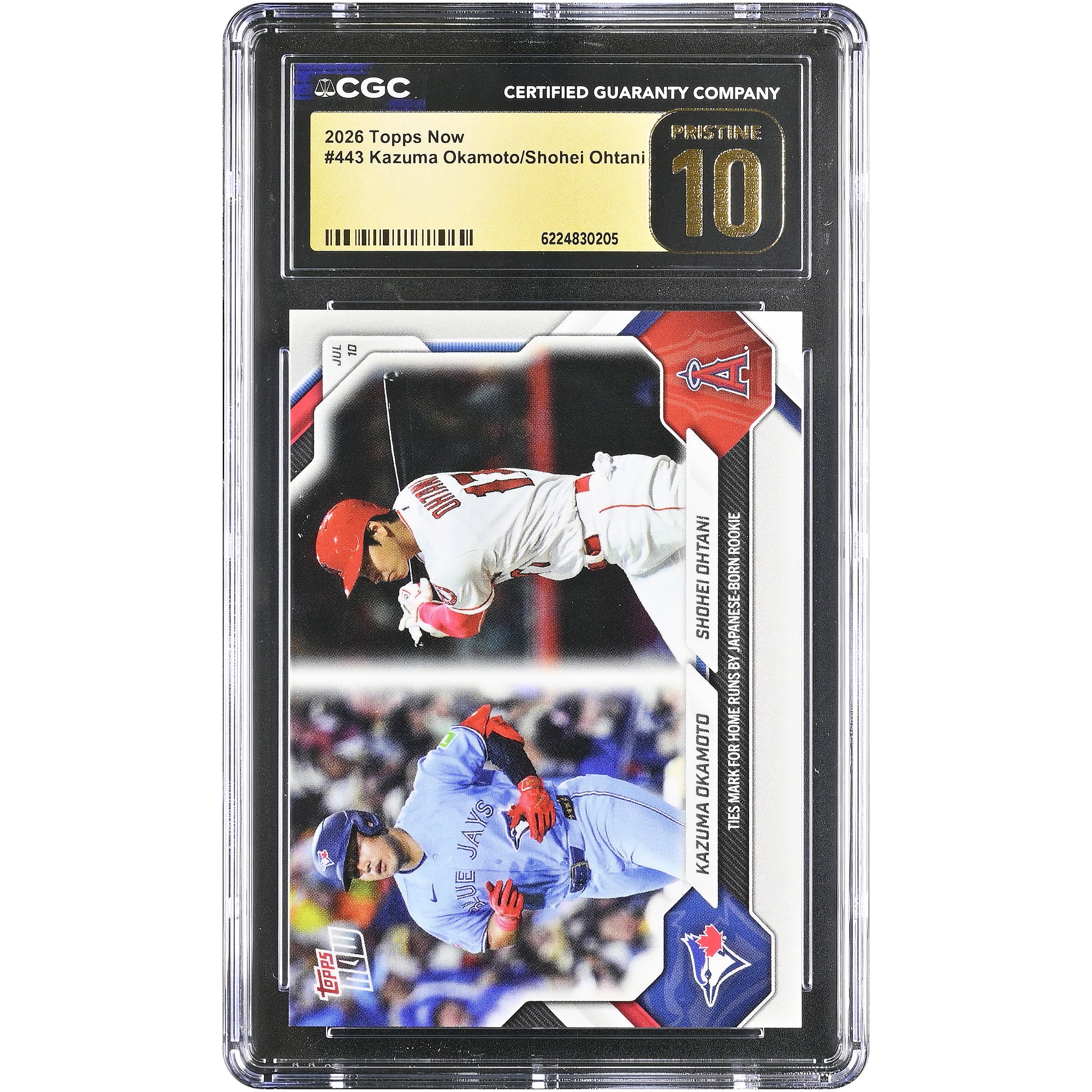 Kazuma Okamoto et Shohei Ohtani, carte Topps Now 2026, égalent le record de home runs pour une recrue japonaise (n° 443). Authentifiée CGC, état PRISTINE 10.