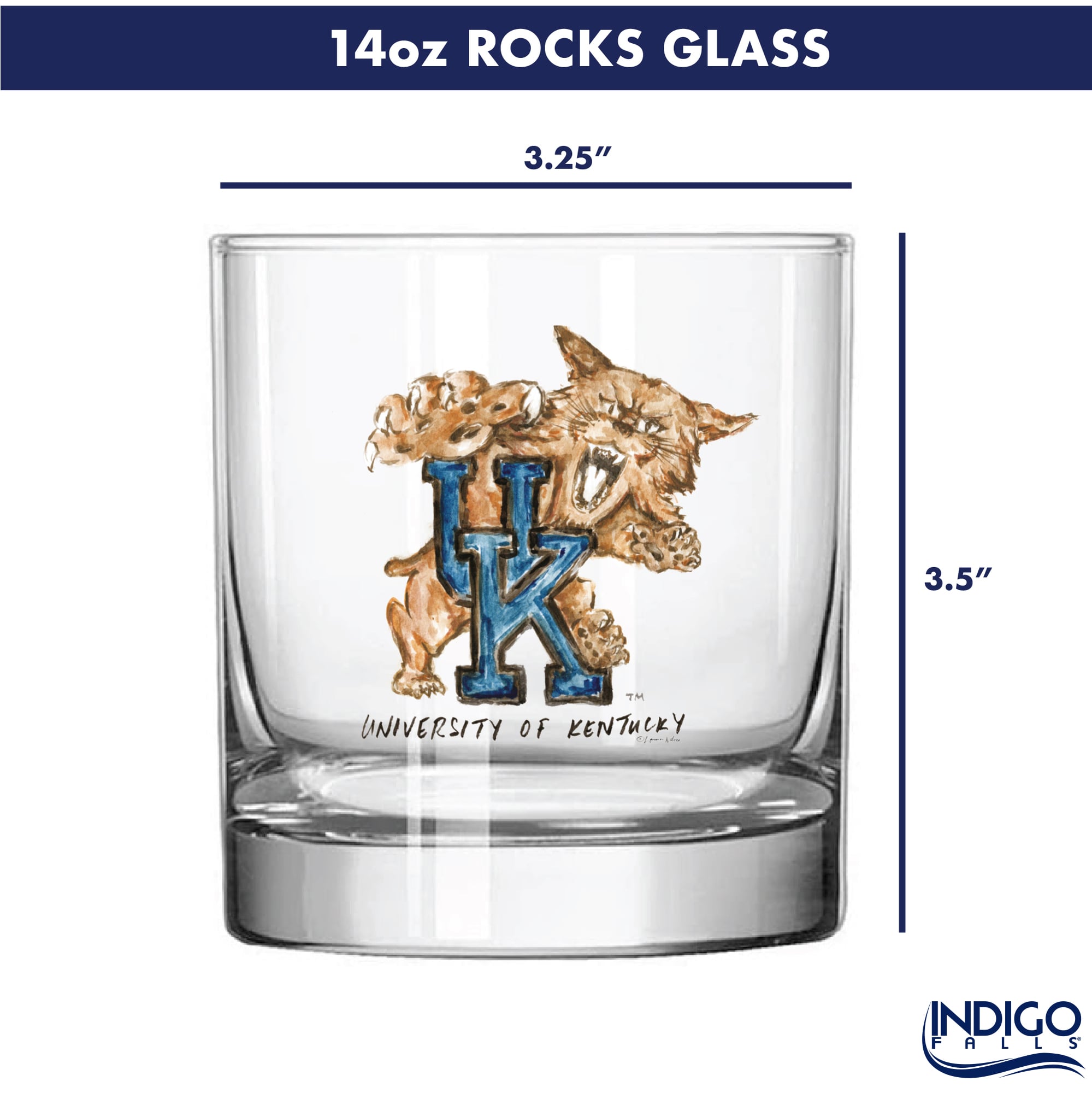 Ensemble de 2 verres à whisky à l'effigie de la mascotte Laura Wilcox des Indigo Falls Kentucky Wildcats