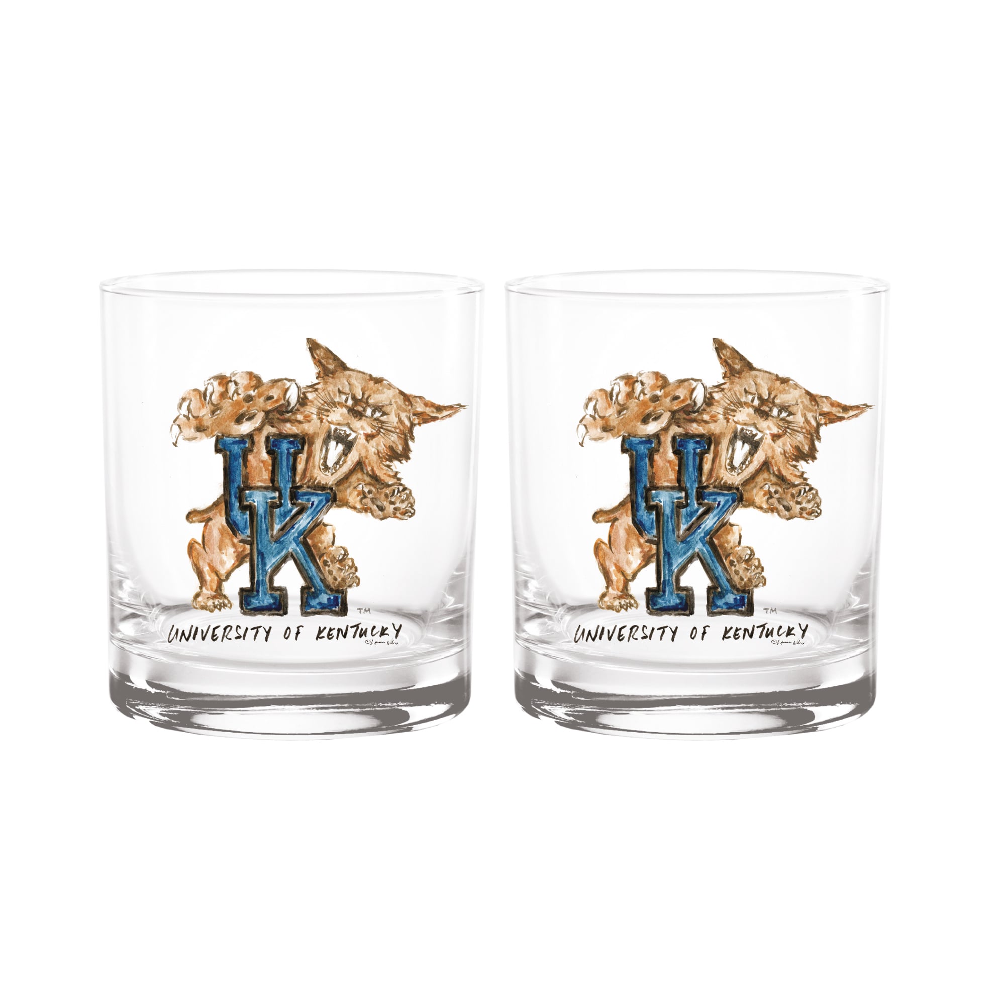 Ensemble de 2 verres à whisky à l'effigie de la mascotte Laura Wilcox des Indigo Falls Kentucky Wildcats