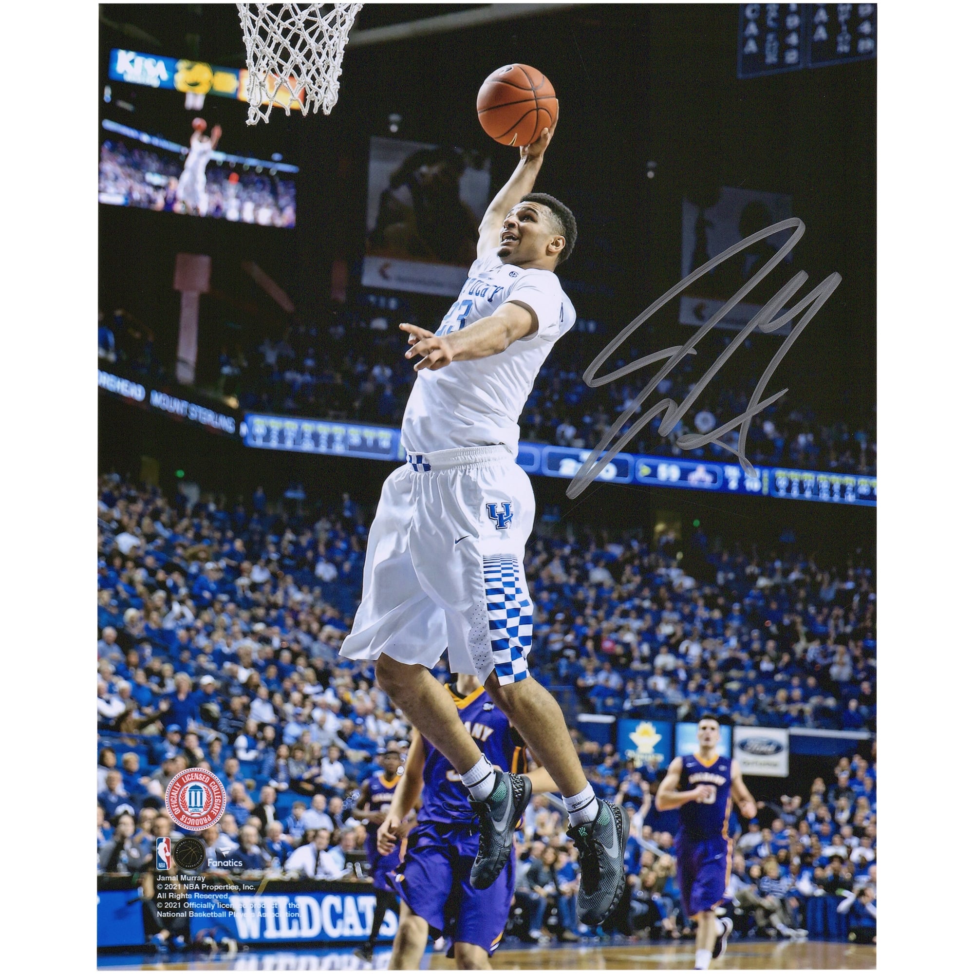 Photographie autographiée de 8" x 10" de Jamal Murray, dunk en maillot blanc, Kentucky Wildcats