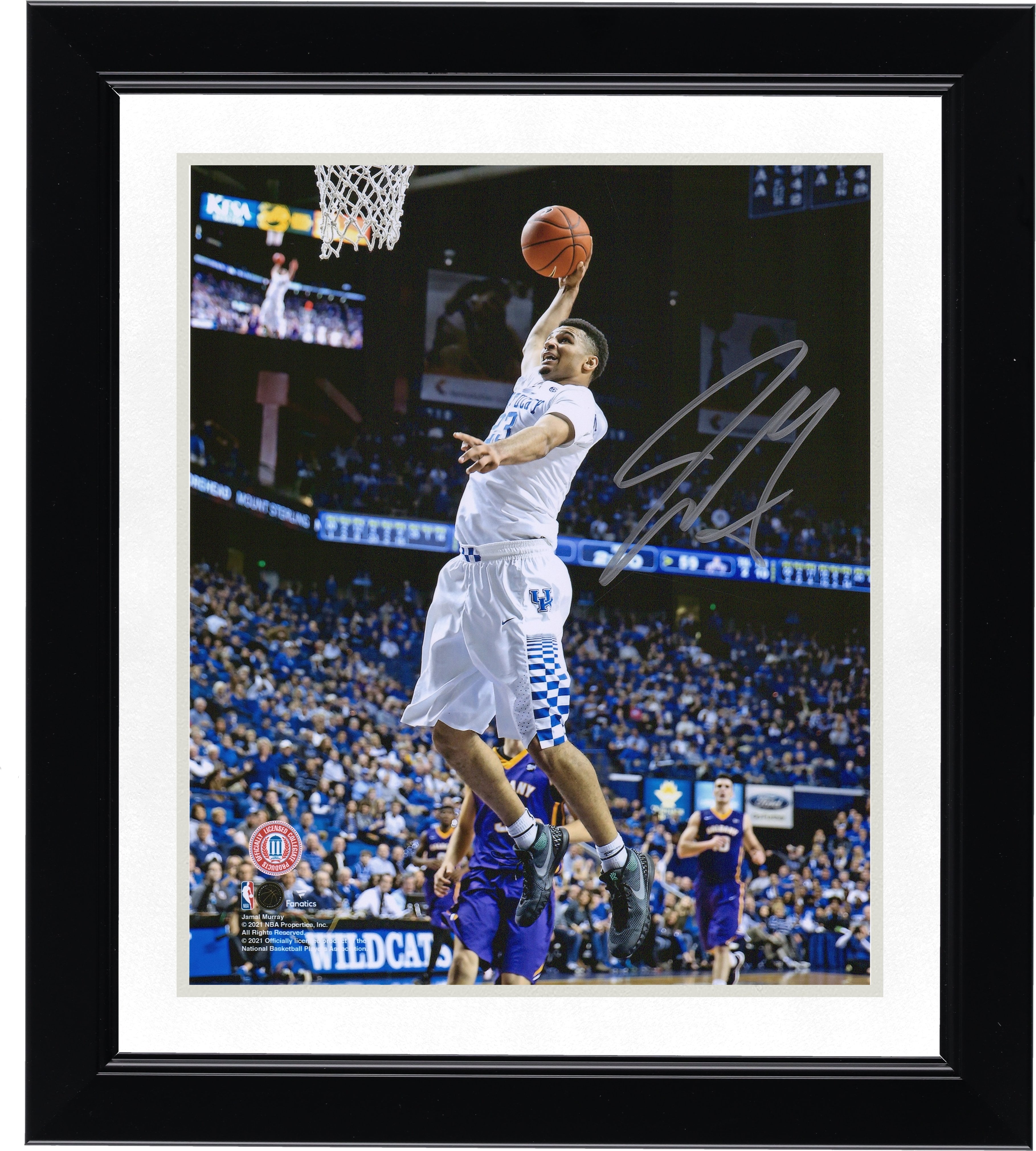 Photographie autographiée de 8" x 10" de Jamal Murray, dunk en maillot blanc, Kentucky Wildcats