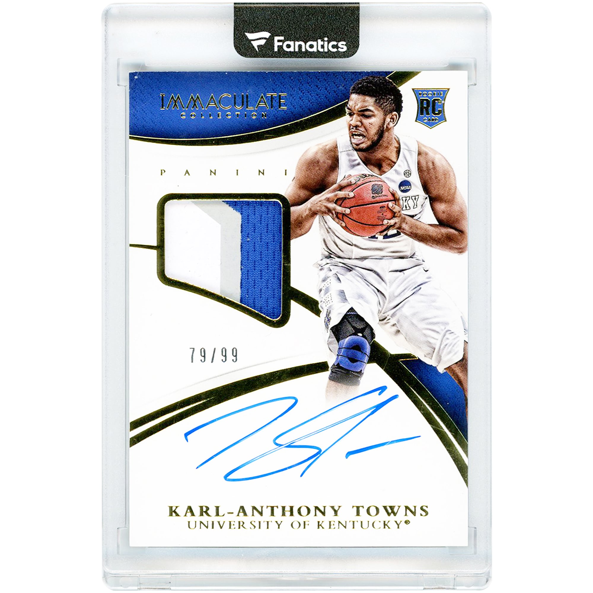 Karl-Anthony Towns Kentucky Wildcats Autographed 2015 Panini Immaculate Collection Gold Tri-Color Jersey Relic #341 #79/99 Rookie Card