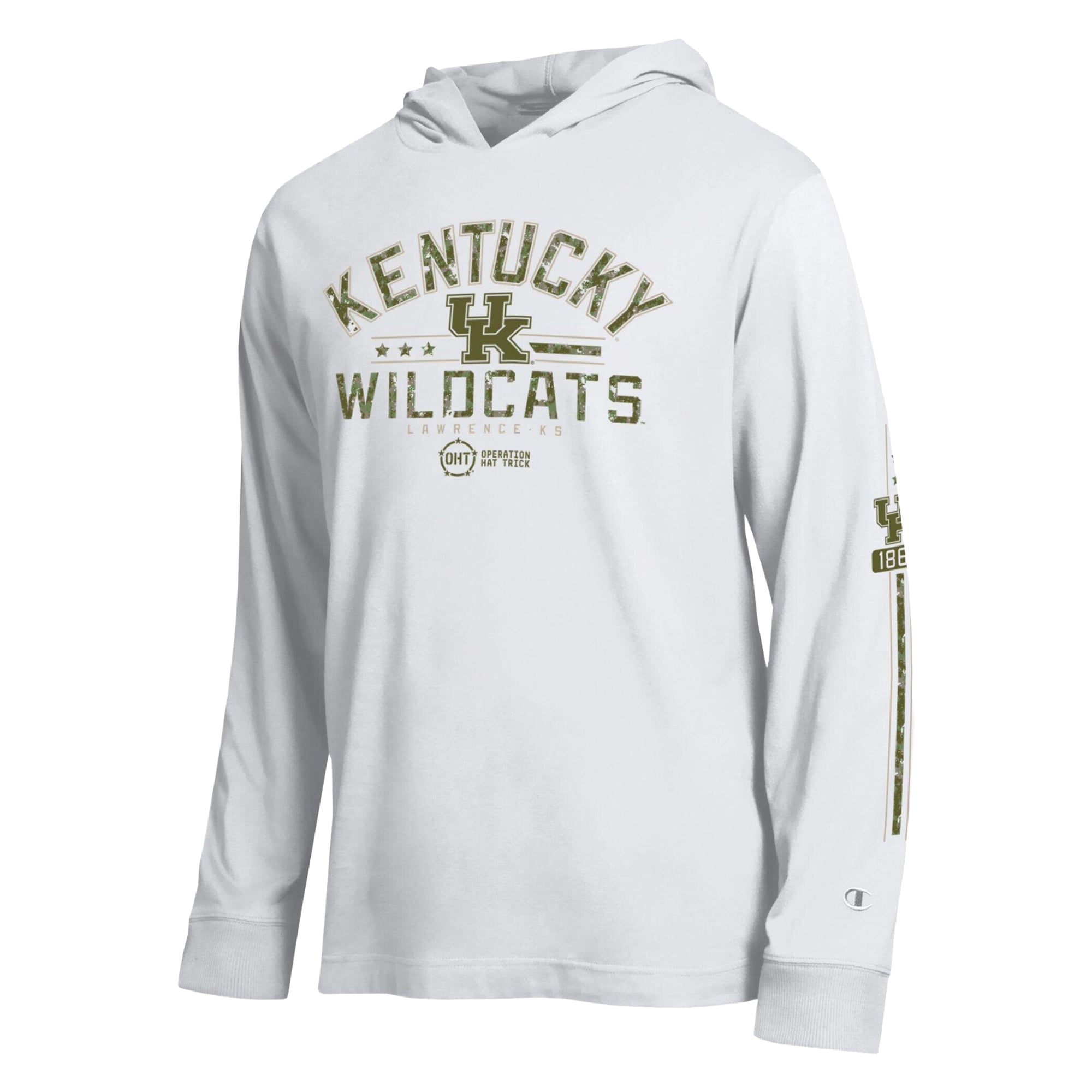 Men's Champion  White Kentucky Wildcats Operation Hat Trick Sleeve Line Hooded Long T-Shirt