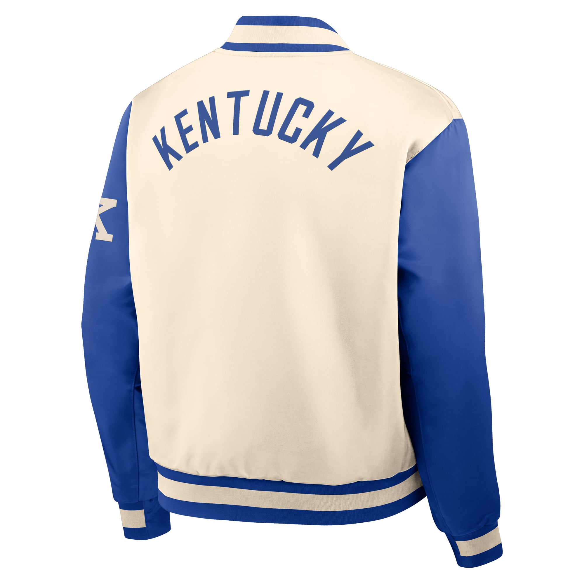 Veste bomber Nike pour homme, coloris naturel/bleu roi, Kentucky Wildcats Legacy, fermeture à boutons-pression.