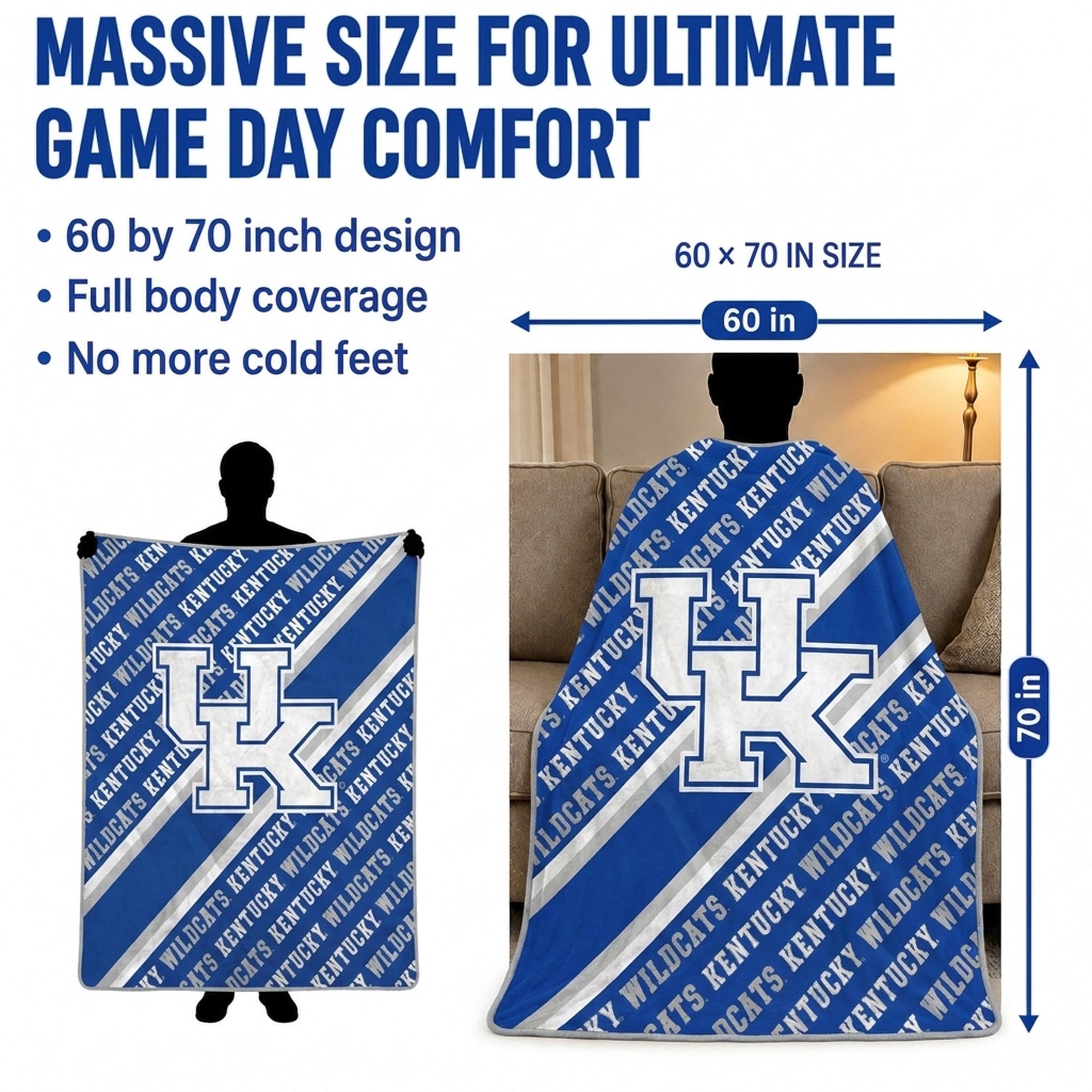 Couverture ultra douce Pegasus Kentucky Wildcats 60" x 70" (diagonale) avec logo doublé