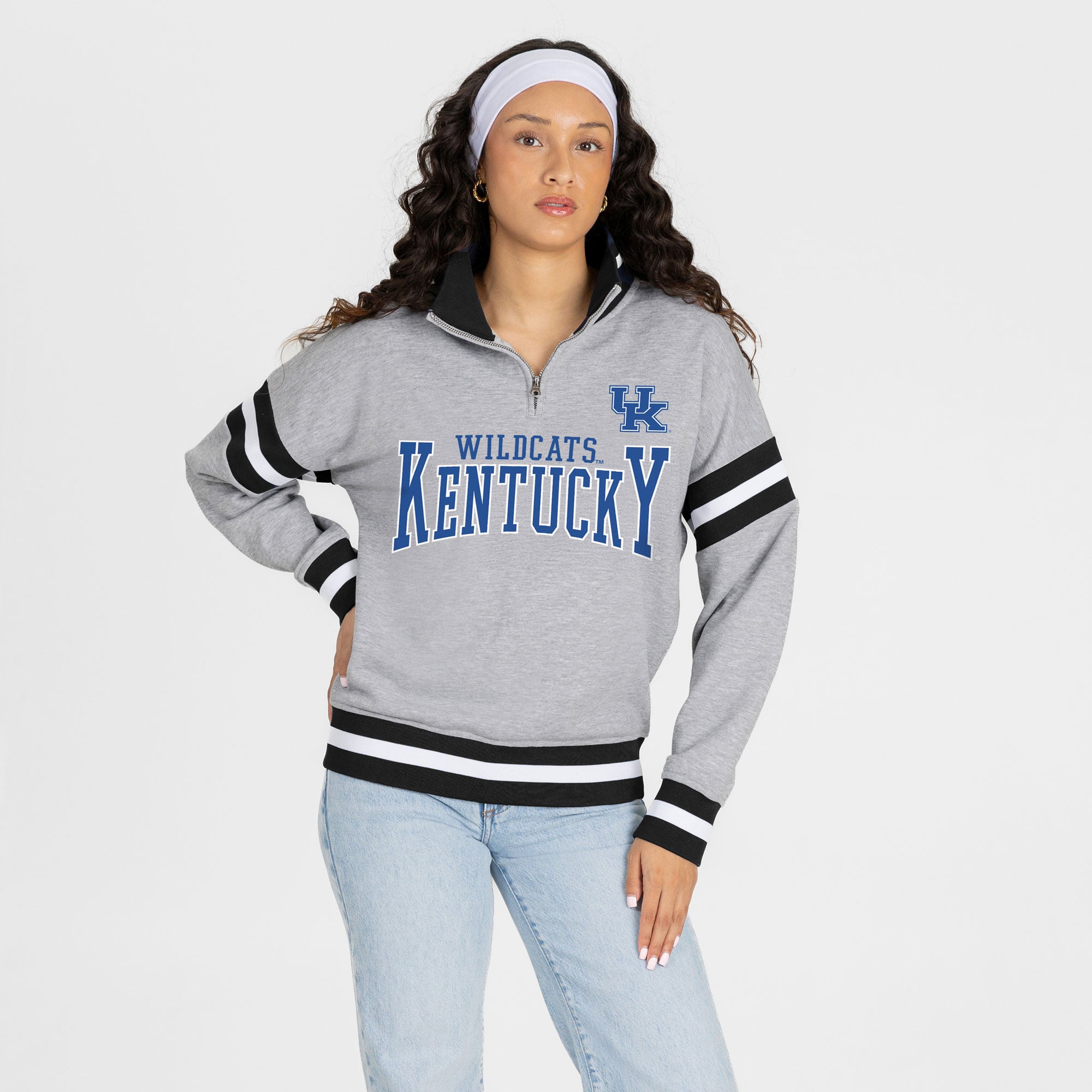 Pull à col zippé gris Kentucky Wildcats Hold the Line pour femme, collection Gameday Couture.