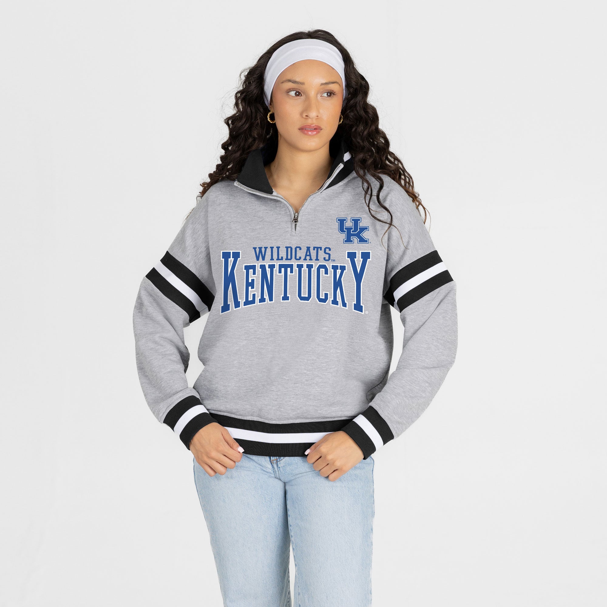 Pull à col zippé gris Kentucky Wildcats Hold the Line pour femme, collection Gameday Couture.