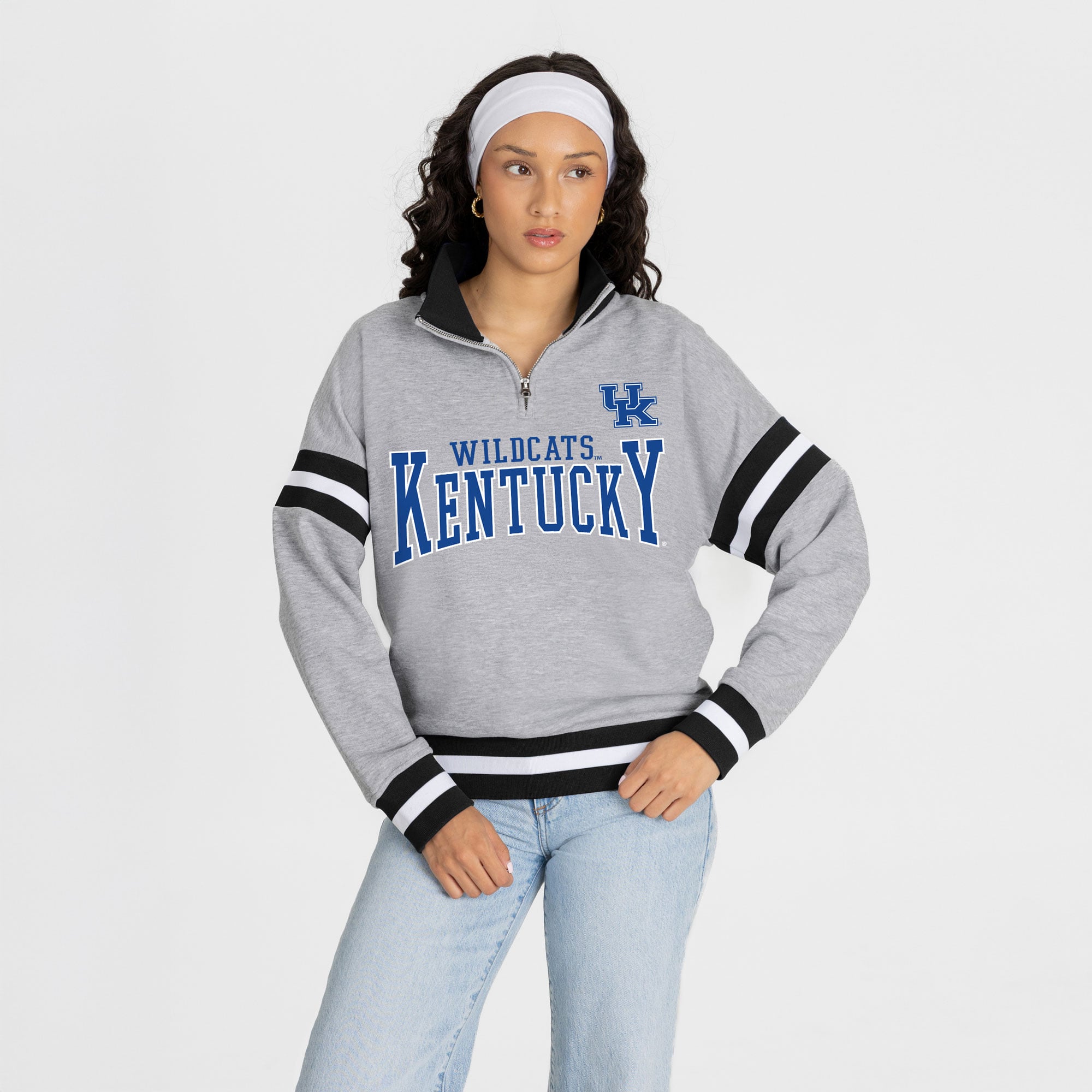 Pull à col zippé gris Kentucky Wildcats Hold the Line pour femme, collection Gameday Couture.