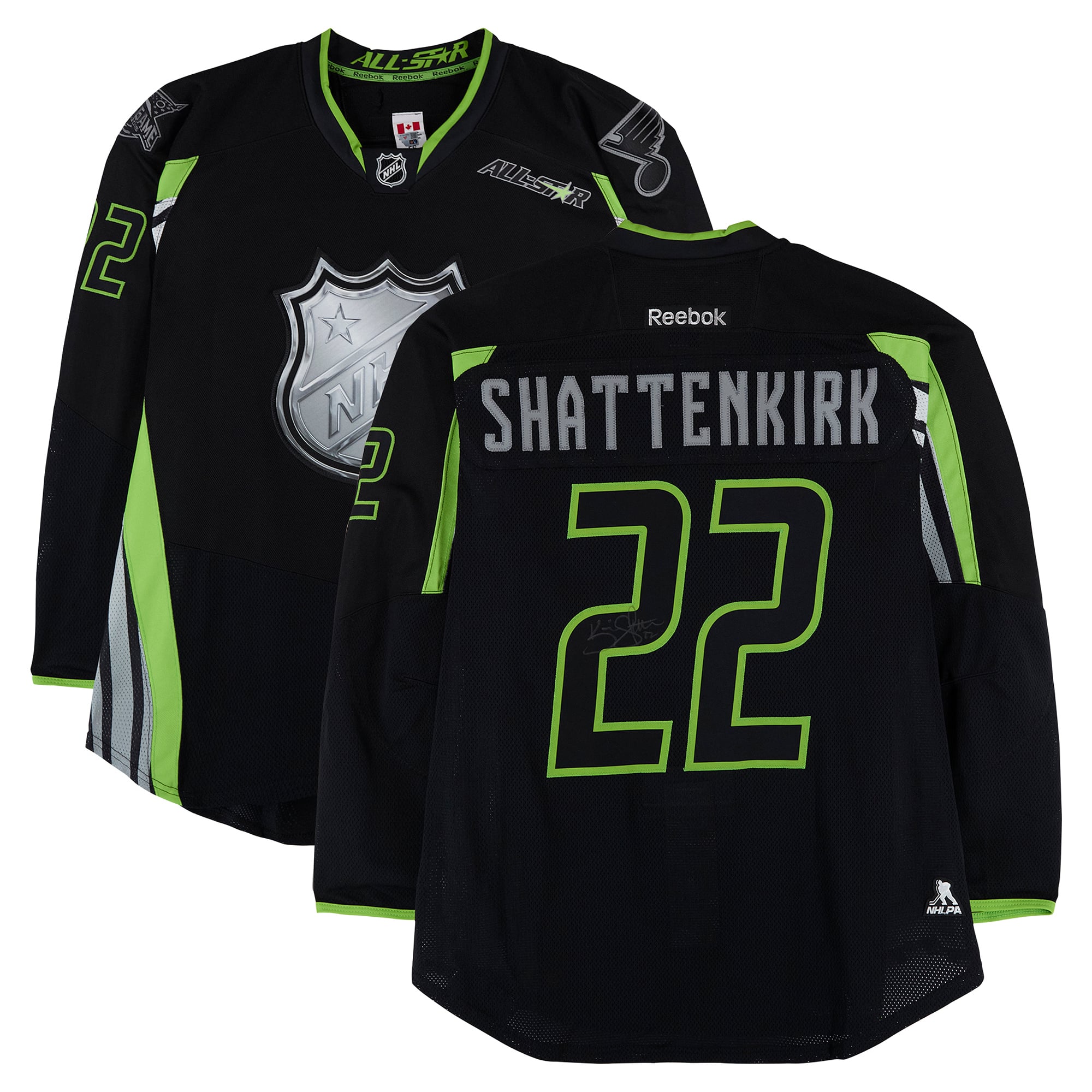 Maillot noir Reebok n° 22 autographié par Kevin Shattenkirk (équipe Foligno) lors du match des étoiles de la LNH 2015.