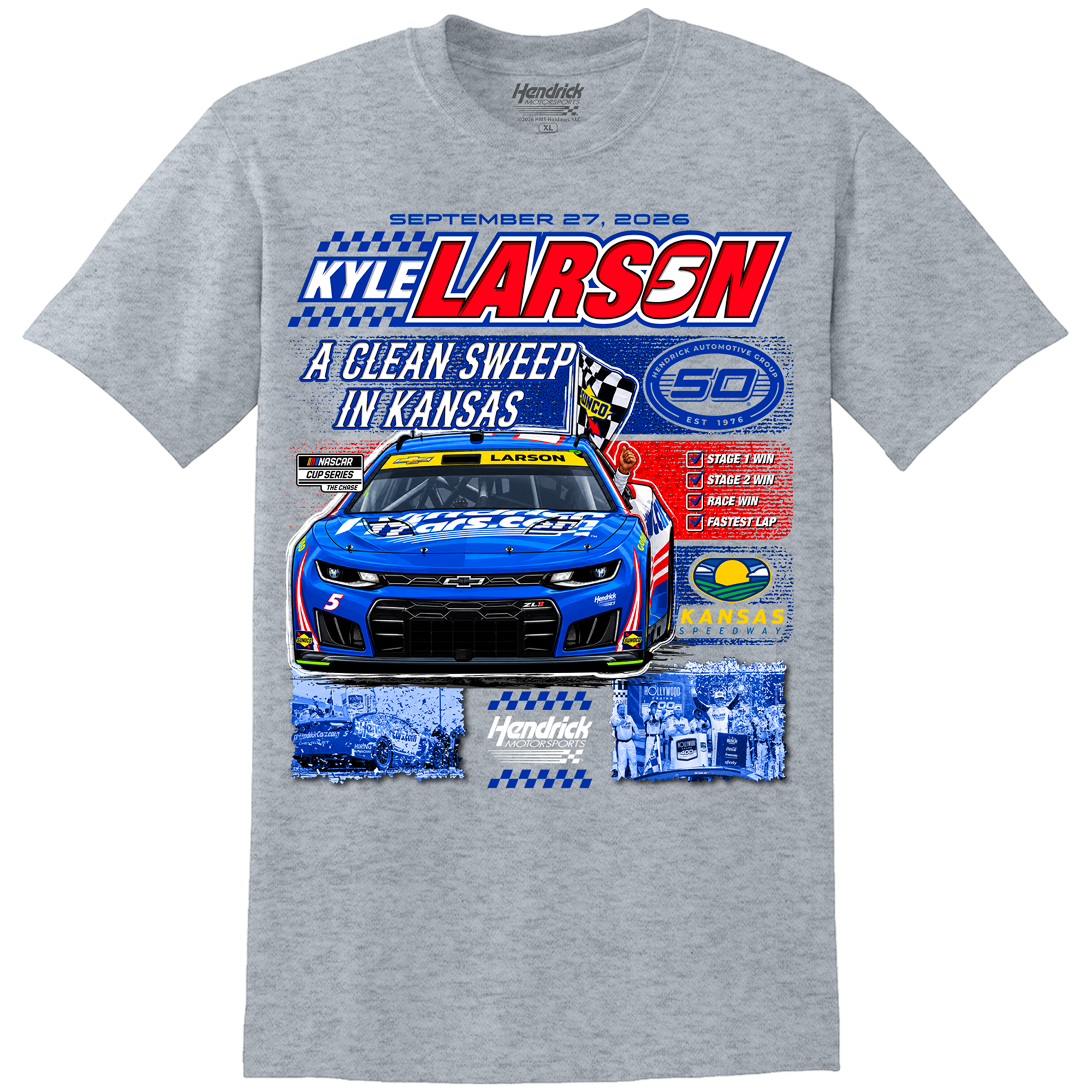 T-shirt homme Classic Ink White Kyle Larson, vainqueur de la course Hollywood Casino 400 2026