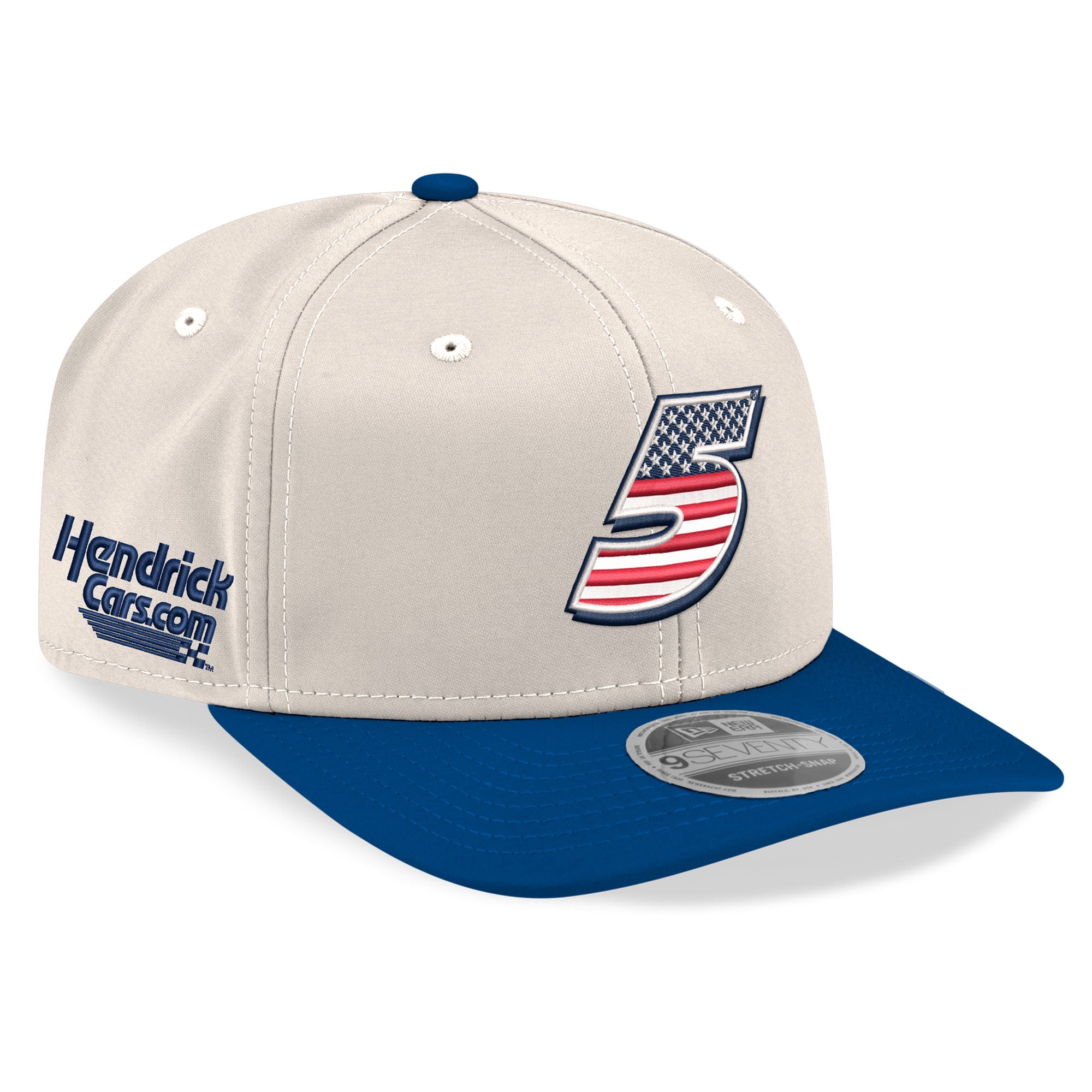 Casquette New Era Kyle Larson 9SEVENTY pour homme, beige/bleu roi, à boutons-pression extensibles.