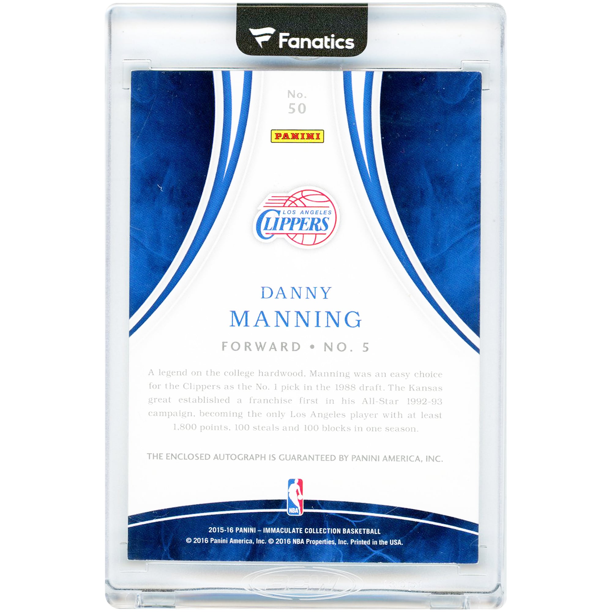 Carte autographiée de Danny Manning (LA Clippers) 2015-16 Panini Immaculate Collection, n° 50, n° 64/80
