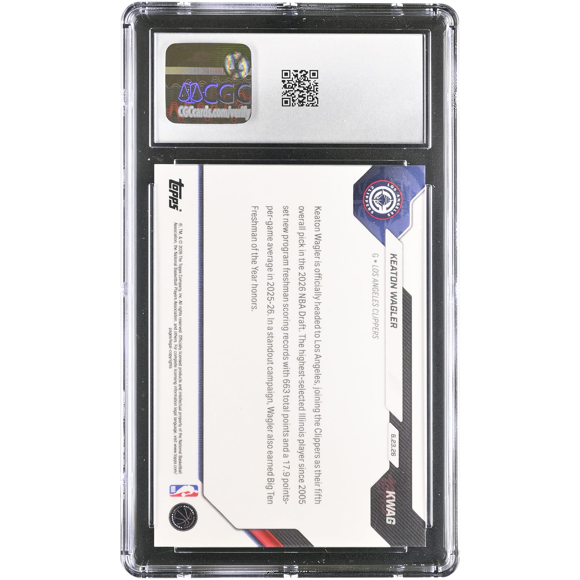 Carte recrue Keaton Wagler LA Clippers 2025-26 Topps Now Clippers, 5e choix au total de la draft NBA 2026 #KWAG, authentifiée CGC MINT+ 9.5