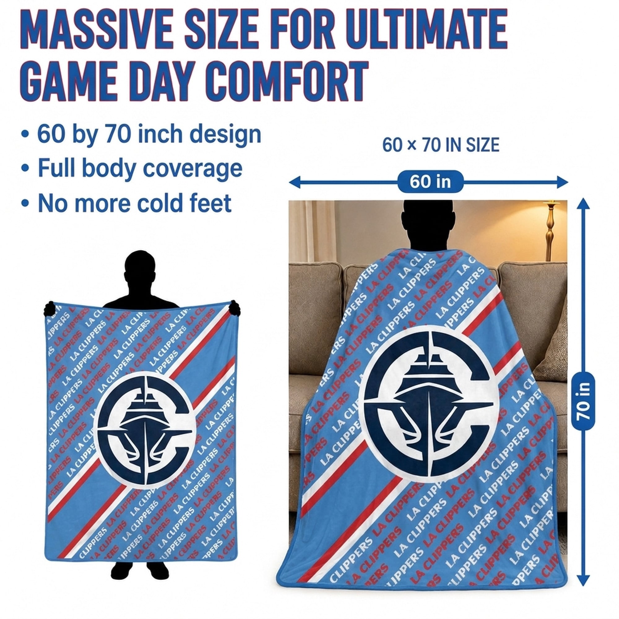 Couverture ultra douce Pegasus LA Clippers 60" x 70" (diagonale) avec logo doublé
