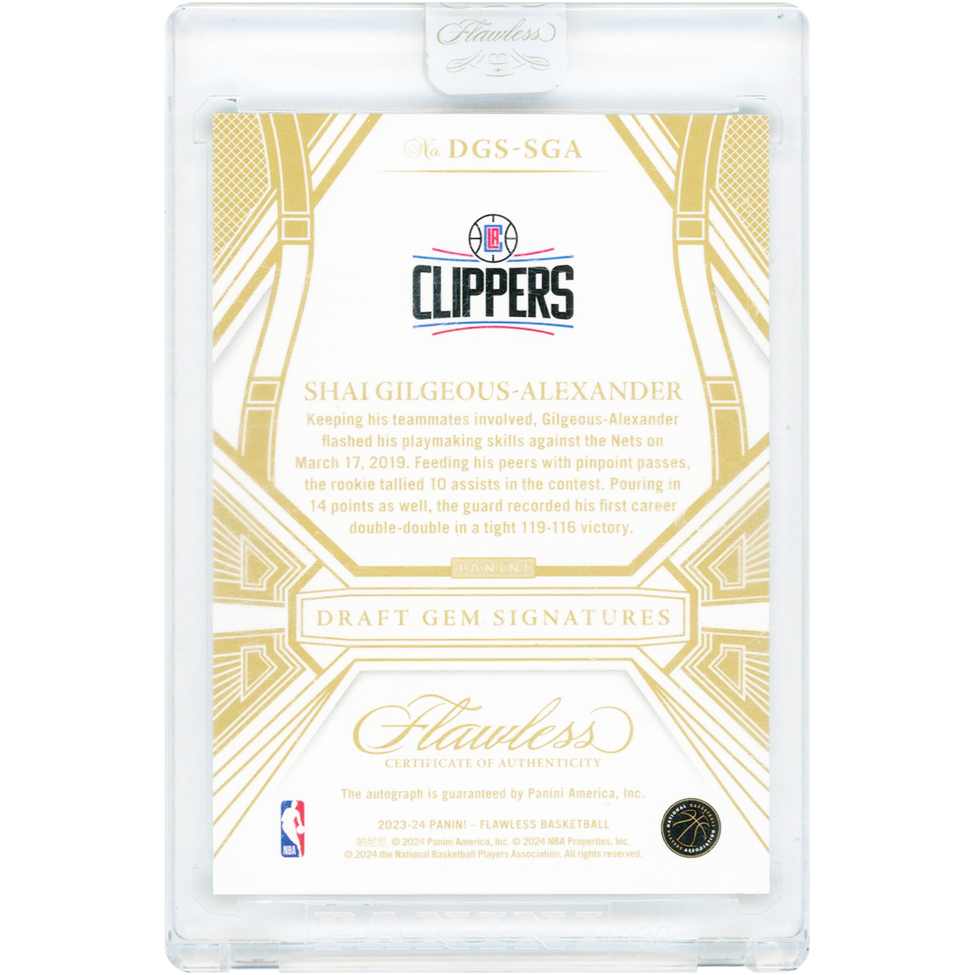 Carte autographiée Shai Gilgeous-Alexander LA Clippers 2023-24 Panini Flawless Draft Gem Signatures #DGS-SGA #24/25