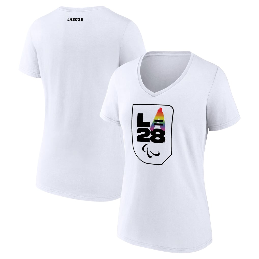 T-shirt à col en V pour femme avec logo Pride pour les Jeux paralympiques d'été de Los Angeles 2028 - Blanc