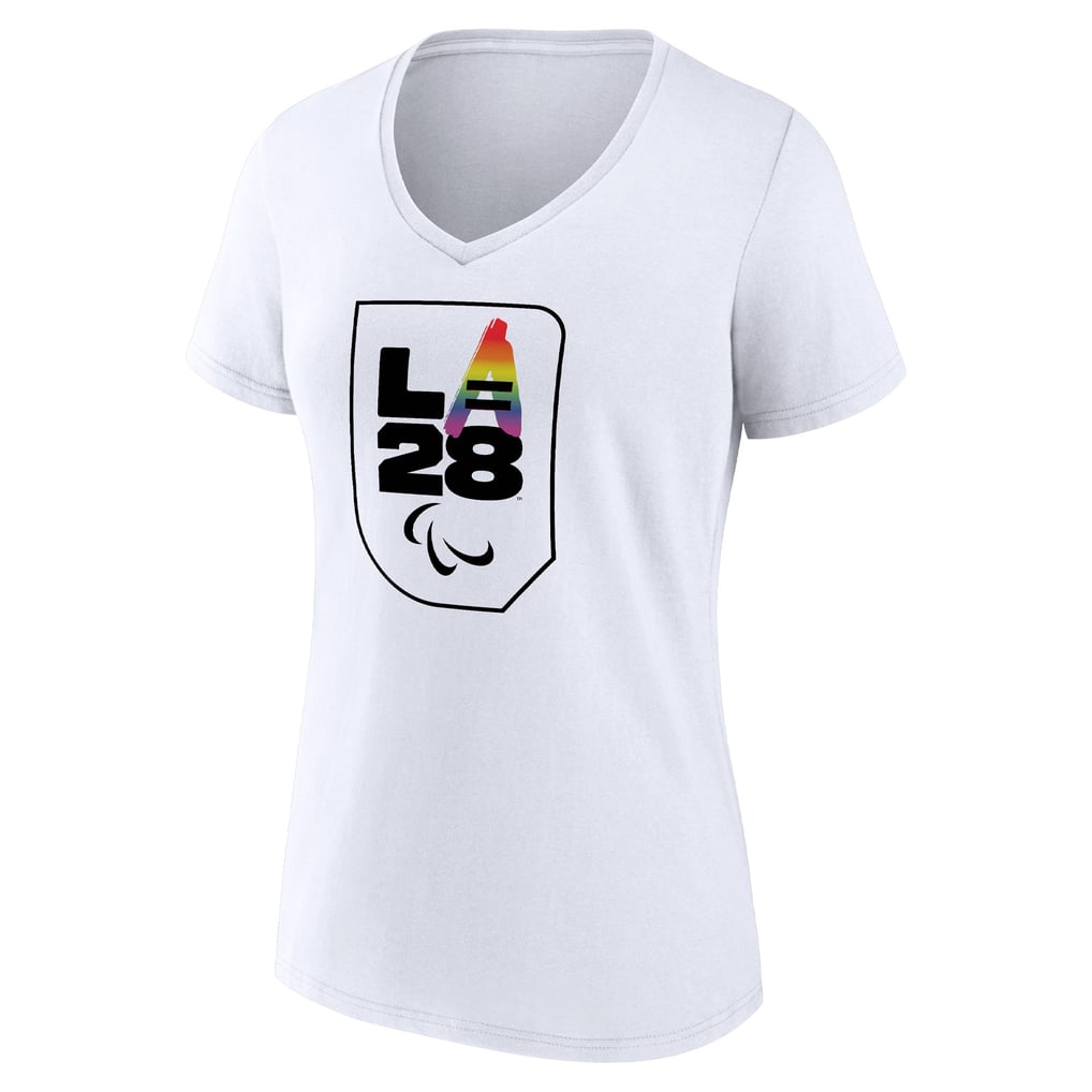 T-shirt à col en V pour femme avec logo Pride pour les Jeux paralympiques d'été de Los Angeles 2028 - Blanc