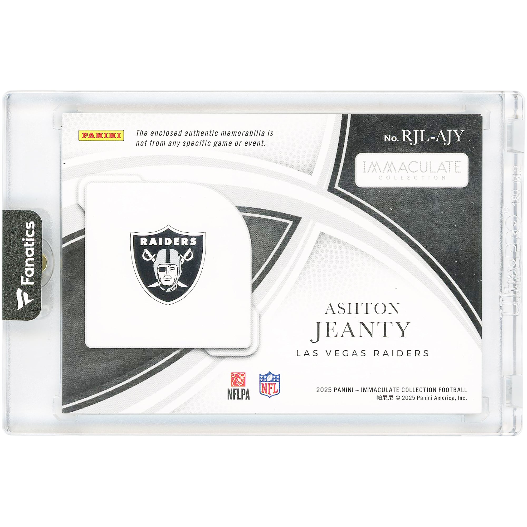 Ashton Jeanty Las Vegas Raiders 2025 Panini Immaculate Collection Nike Swoosh Relic #RJL-AJY #1/5 Rookie Card