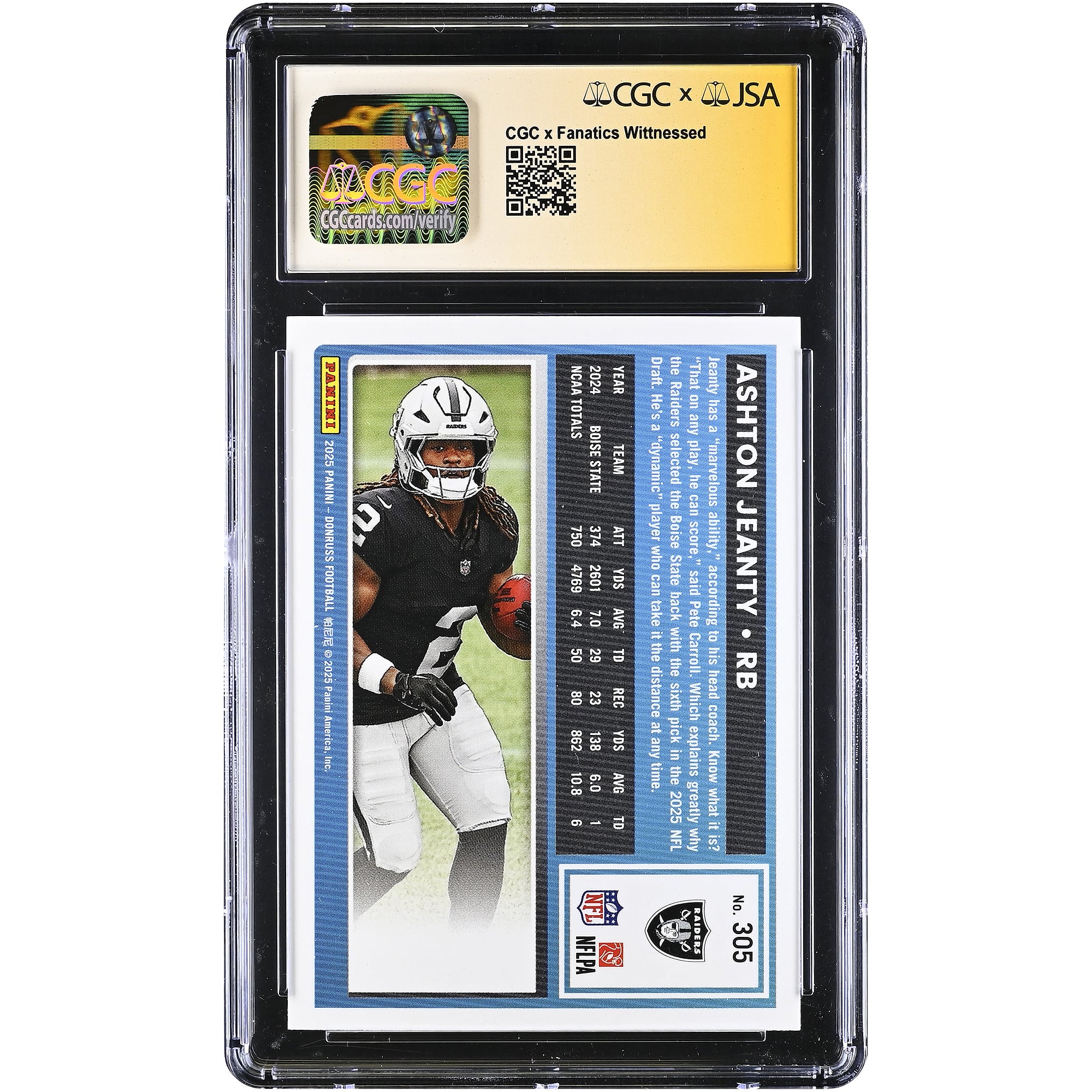 Ashton Jeanty Las Vegas Raiders Autographed 2025 Panini Donruss Rated Rookie #305 CGC Authenticated 10/10 Rookie Card