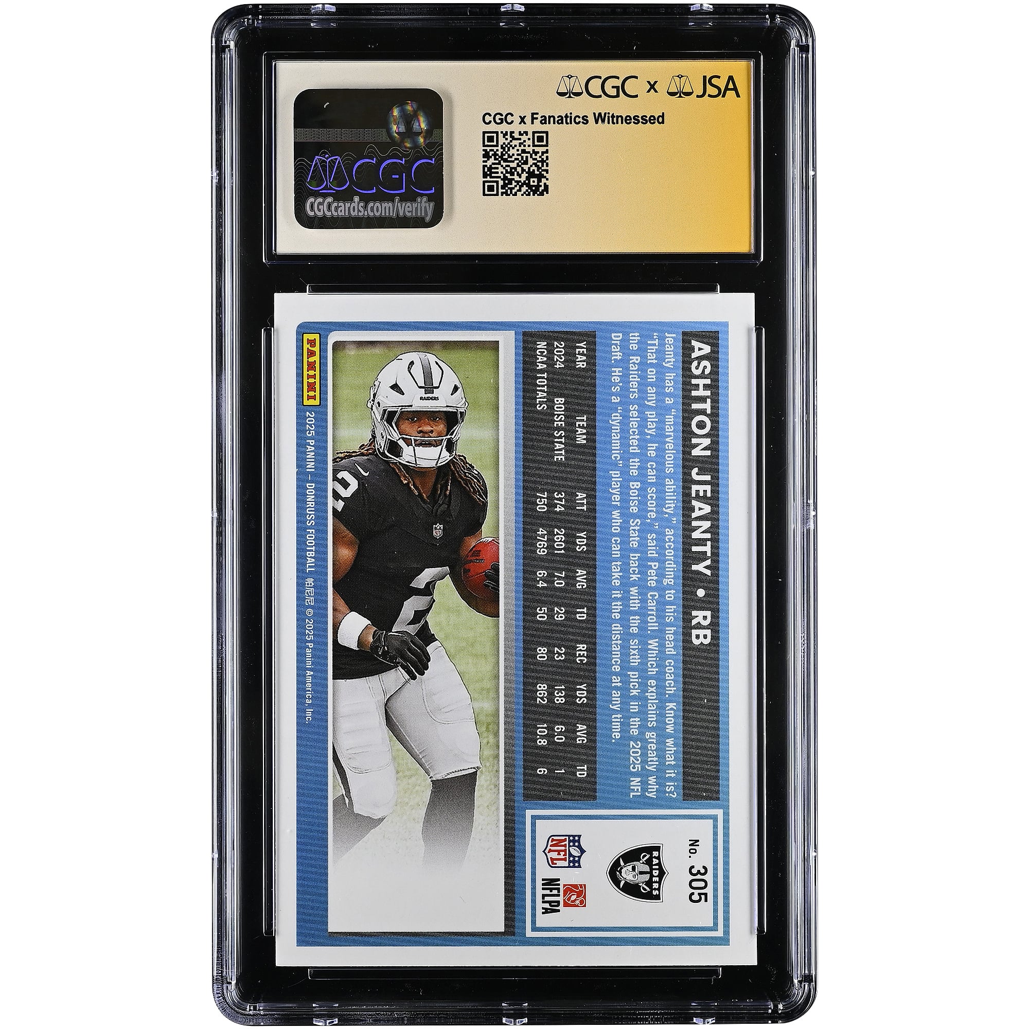 Ashton Jeanty Las Vegas Raiders Autographed 2025 Panini Donruss Rated Rookie #305 CGC Authenticated /10 Rookie Card
