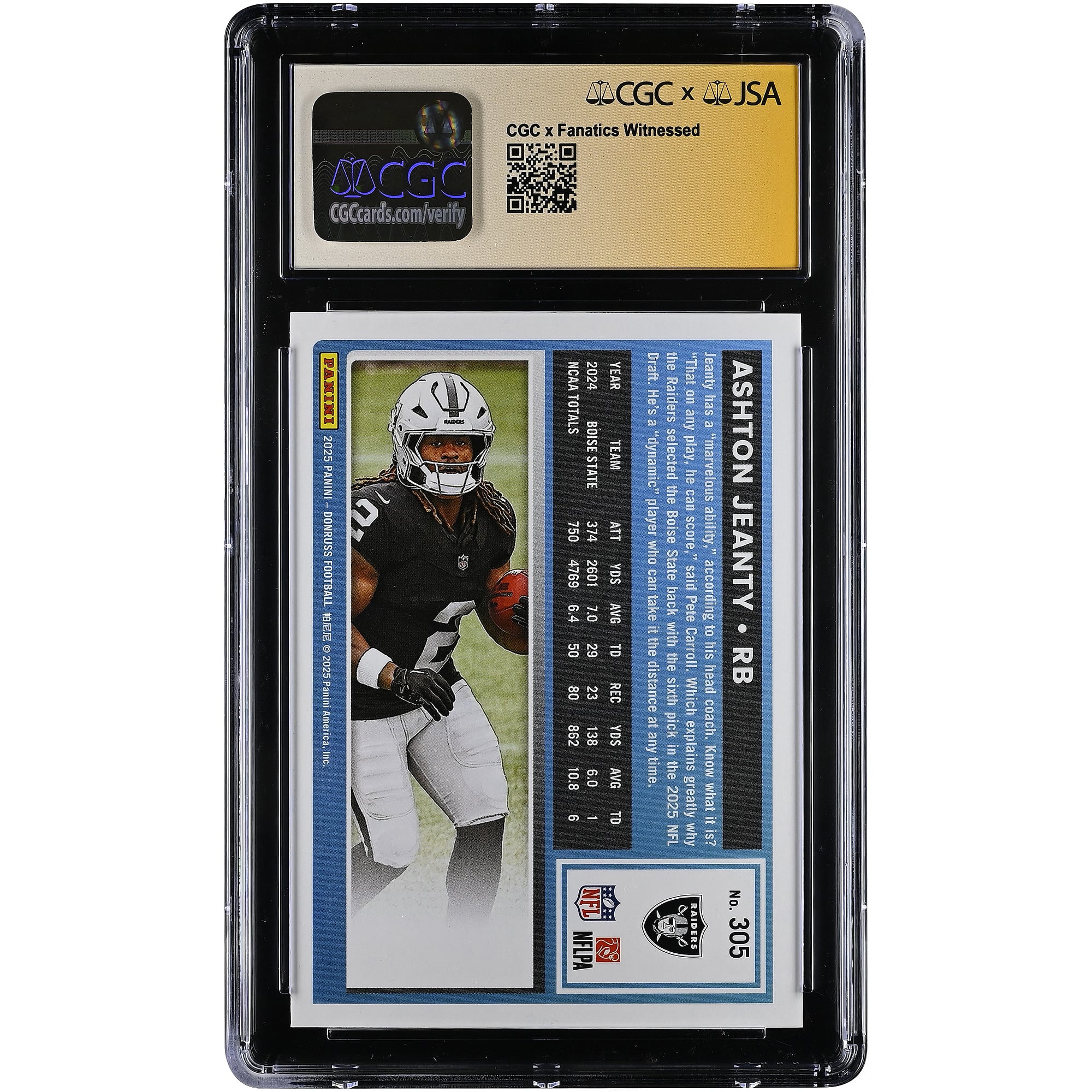 Carte de recrue autographiée Ashton Jeanty des Raiders de Las Vegas, édition 2025 Panini Donruss Rated Rookie n° 305, authentifiée par CGC (note 9,5/10).