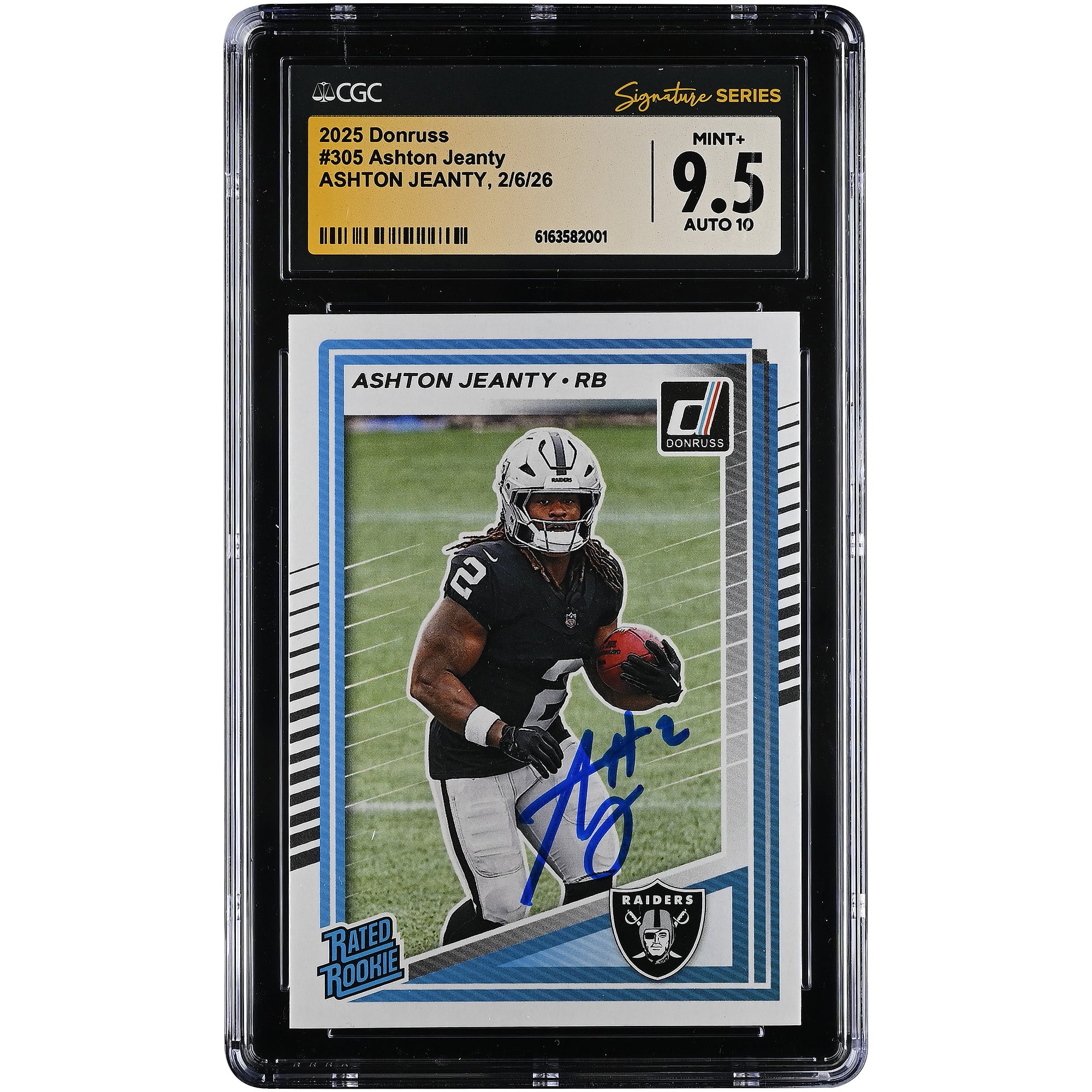 Carte de recrue autographiée Ashton Jeanty des Raiders de Las Vegas, édition 2025 Panini Donruss Rated Rookie n° 305, authentifiée par CGC (note 9,5/10).