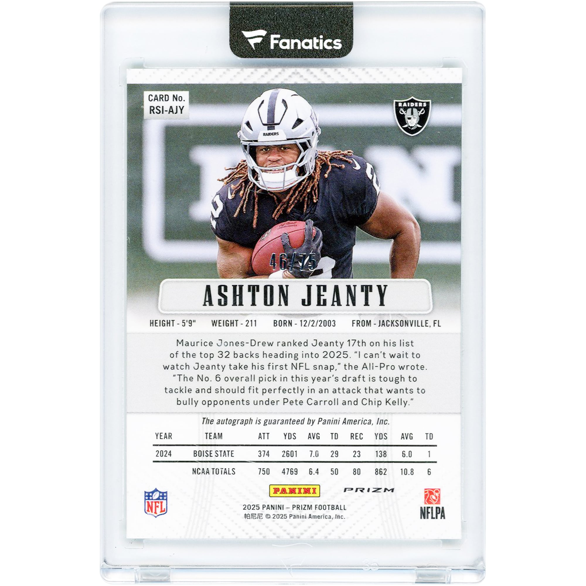Ashton Jeanty Las Vegas Raiders Autographed 2025 Panini Prizm Green Scope Prizm #RSI-AJY #46/75 Rookie Card