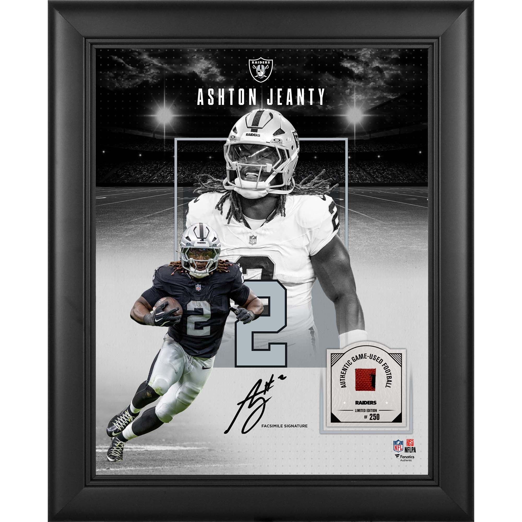 Ashton Jeanty Las Vegas Raiders Facsimile Signature Framed 11" x 14" Showcase Collage with a Piece of Game-Used Football - Limited Edition of 250