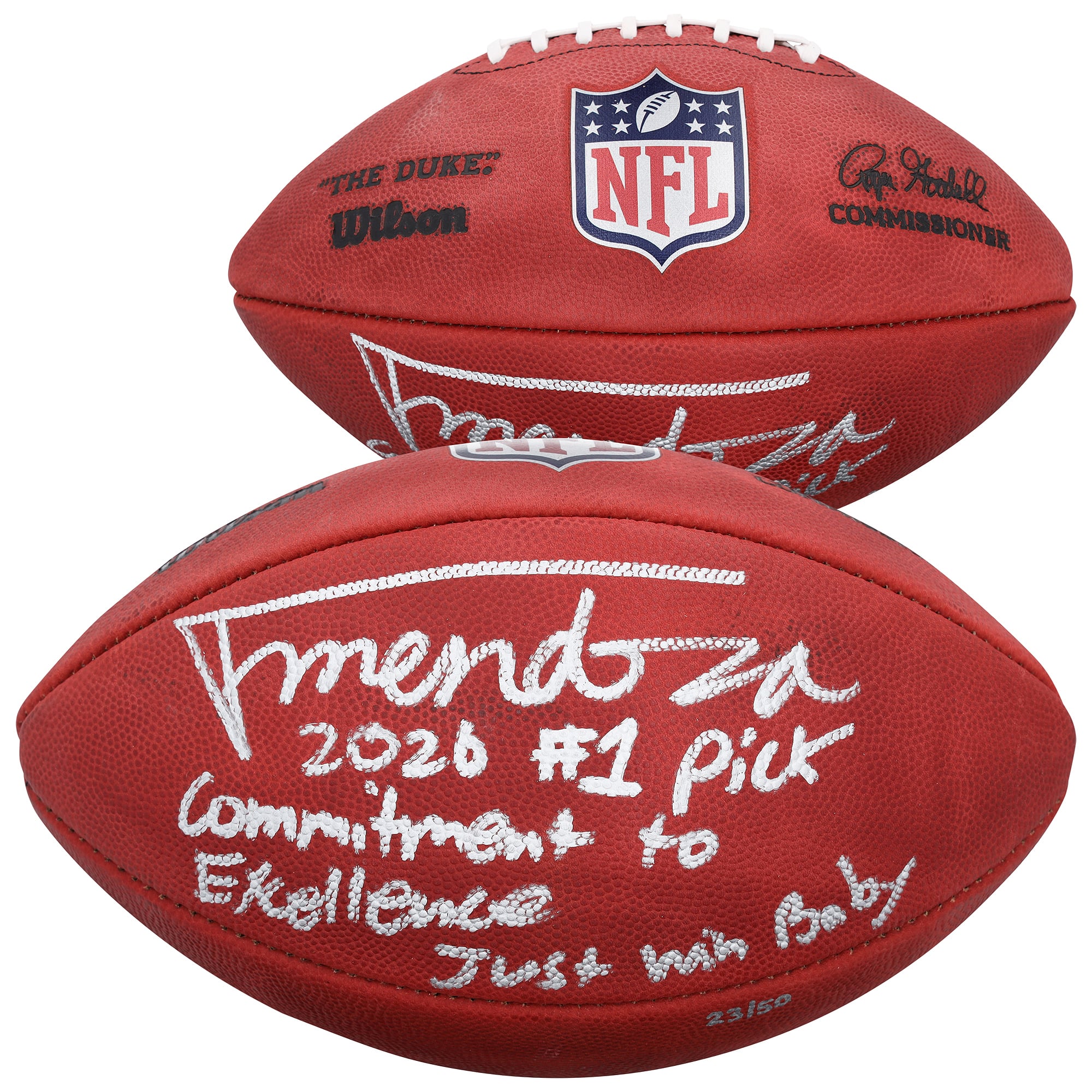 Ballon de football américain Duke, autographié par Fernando Mendoza (Las Vegas Raiders), en couleurs et avec plusieurs inscriptions - Édition limitée à 50 exemplaires