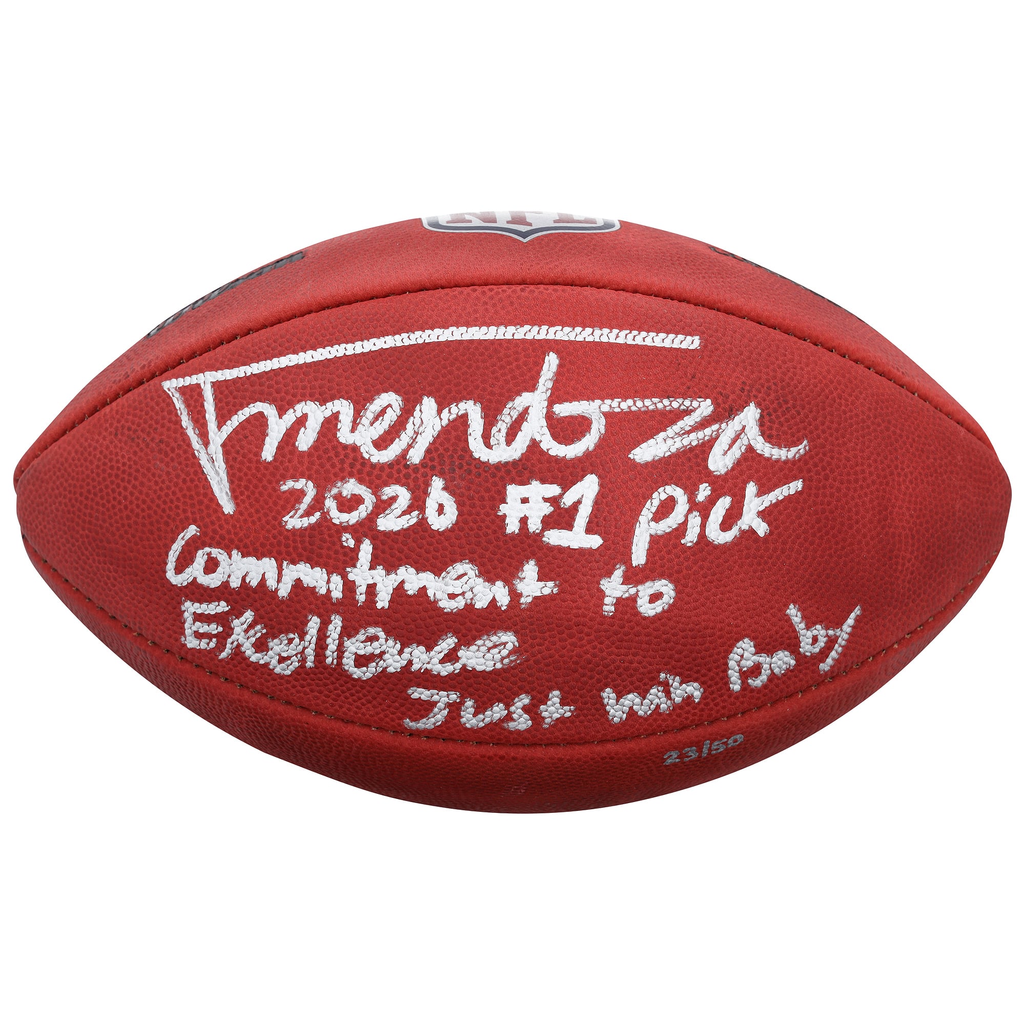 Ballon de football américain Duke, autographié par Fernando Mendoza (Las Vegas Raiders), en couleurs et avec plusieurs inscriptions - Édition limitée à 50 exemplaires