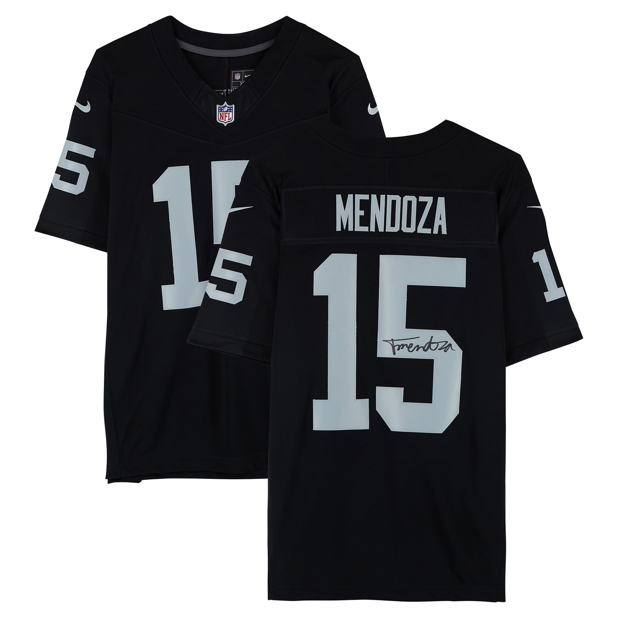Maillot Nike noir en édition limitée autographié par Fernando Mendoza des Raiders de Las Vegas