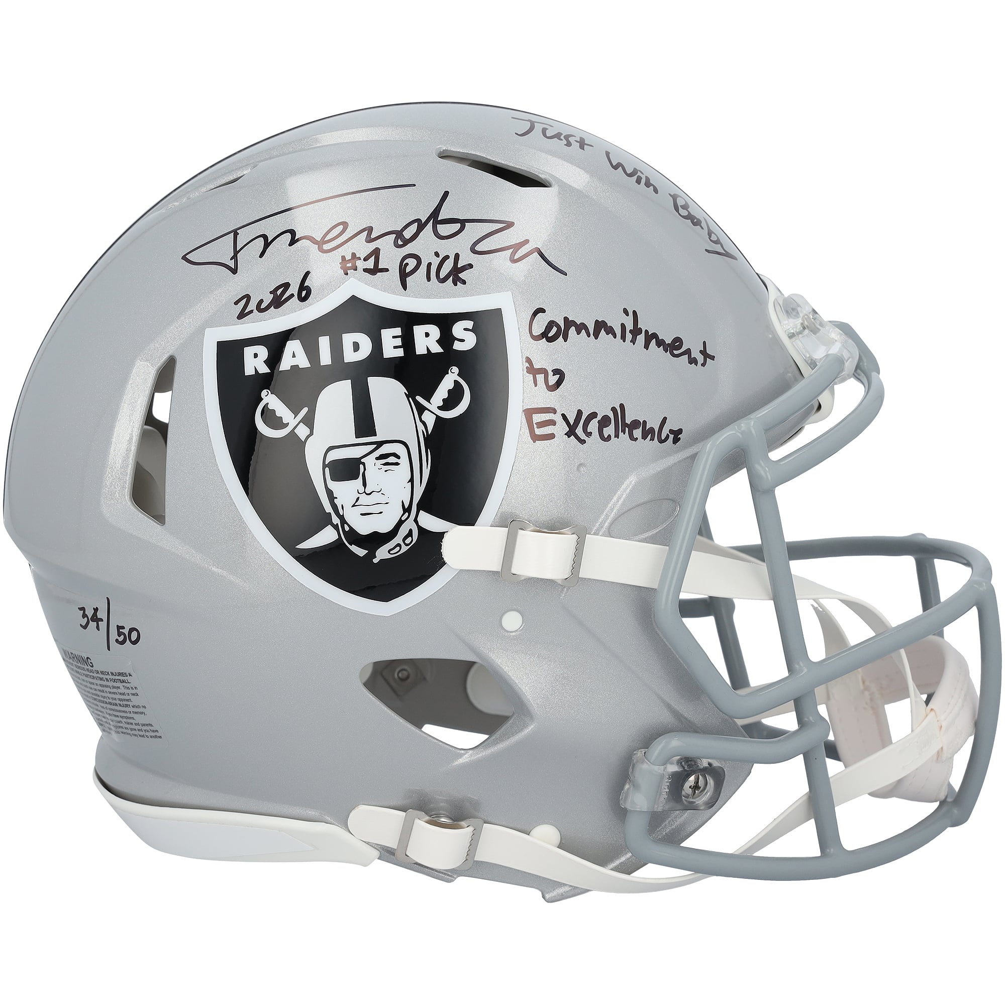 Fernando Mendoza Las Vegas Raiders Autographed Riddell Speed Authentic Helmet with Multiple Inscriptions - Limited Edition of 50