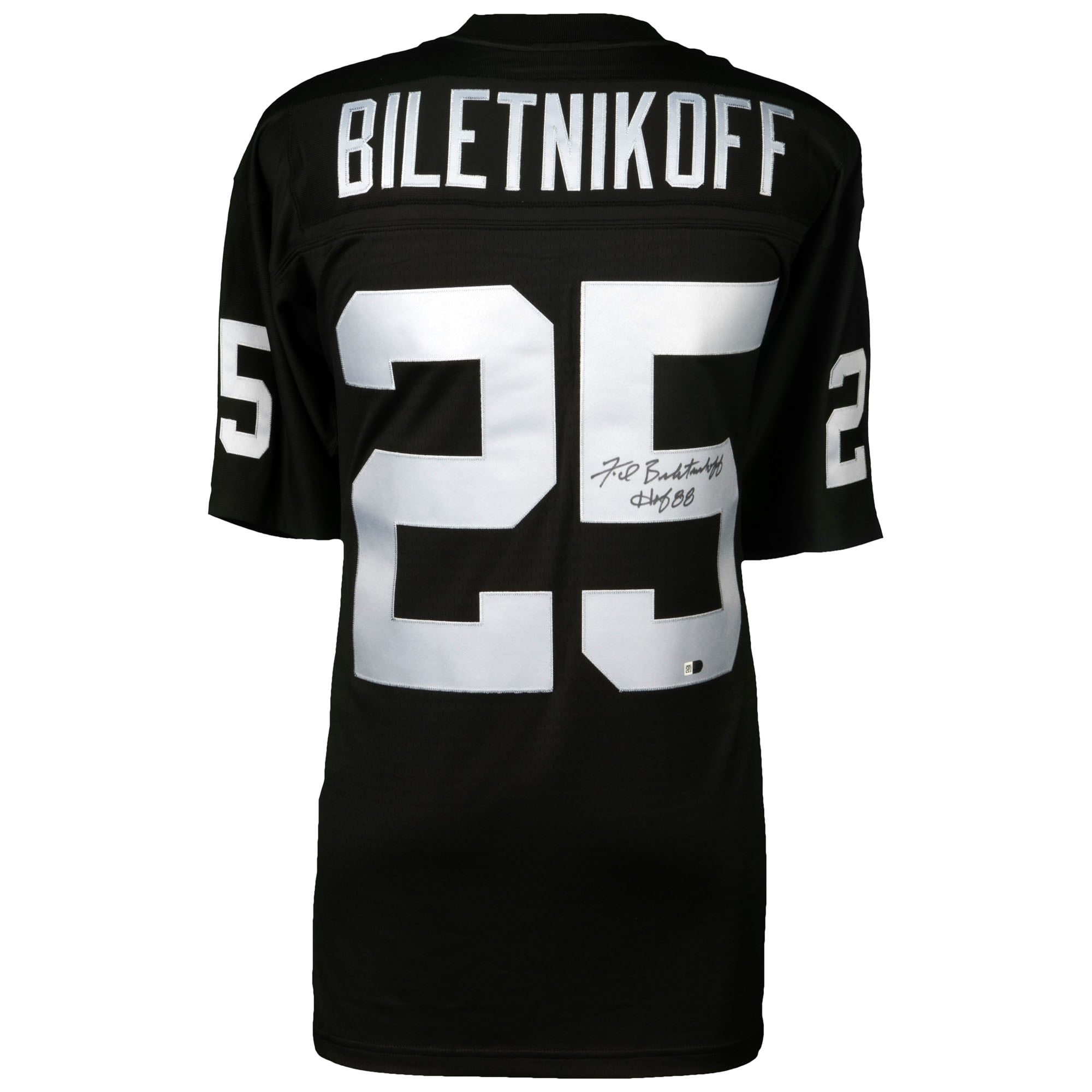 Maillot réplique noir Mitchell & Ness autographié par Fred Biletnikoff des Raiders de Las Vegas avec inscription « HOF 88 »